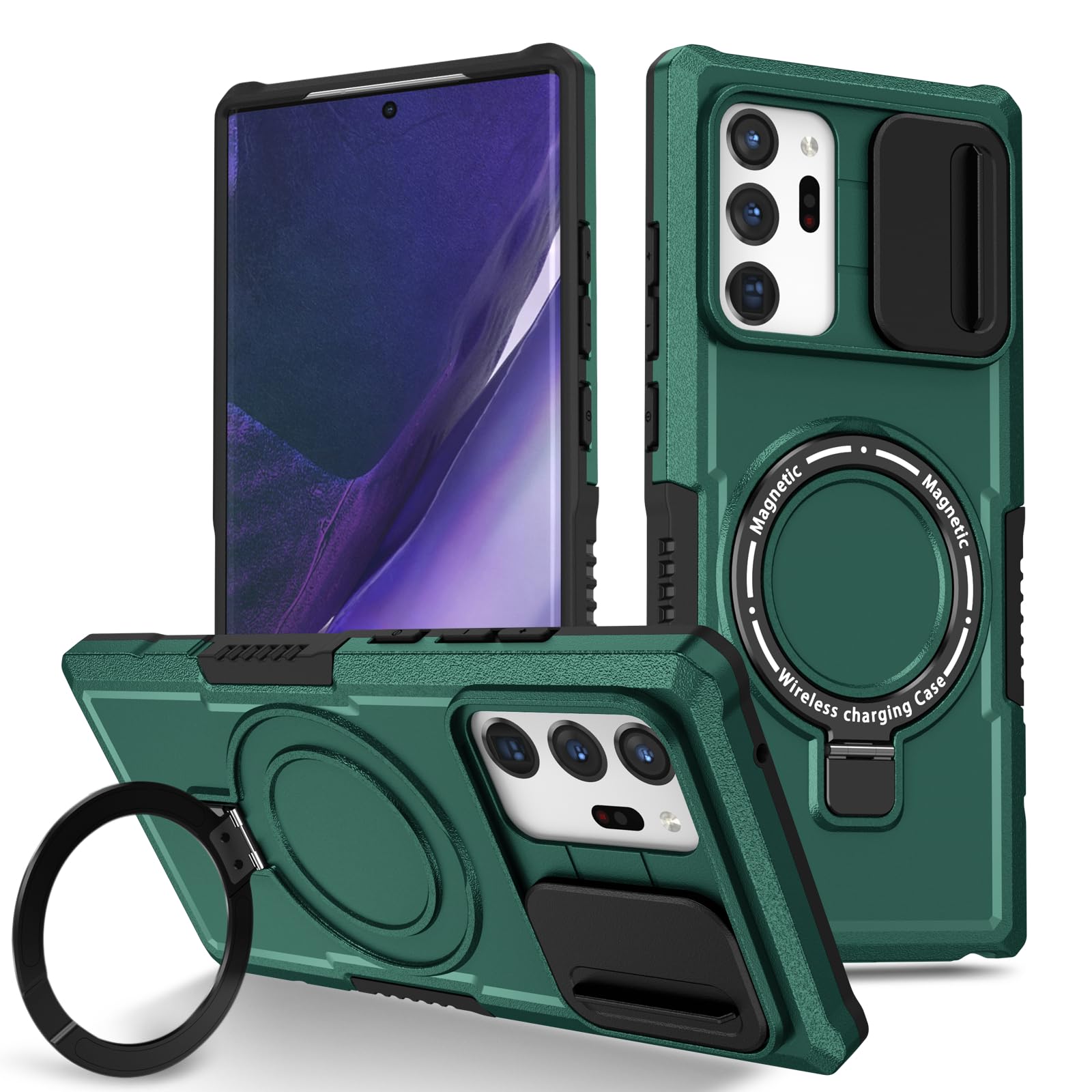 Kainevy Phone Case for Samsung Galaxy Note 20 Ultra Compatible with MagSafe with Magnetic Ring Stand & Camera Cover, Heavy Duty Rugged Silicone&PC