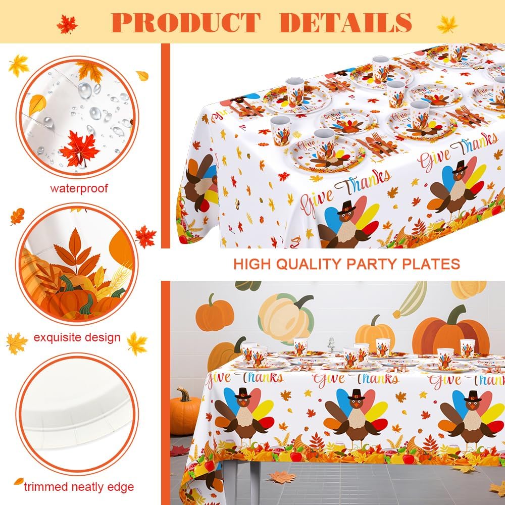 AIBIIN 194Pcs Thanksgiving Party Tableware Decorations Supplies Turkey Paper Plates and Napkins Dinnerware Sets Thanksgiving Disposable Plates Set with Napkins and Tablecloth Serves 24