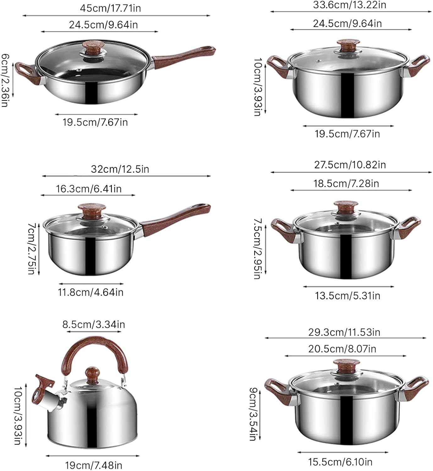 12Pcs Pots and Pans Set Nonstick Stainless Steel Cookware Set with Lids 3L Kettle Induction Compatible Dishwasher Safe PFOS PFOA for Home Kitchen Cooking Silver