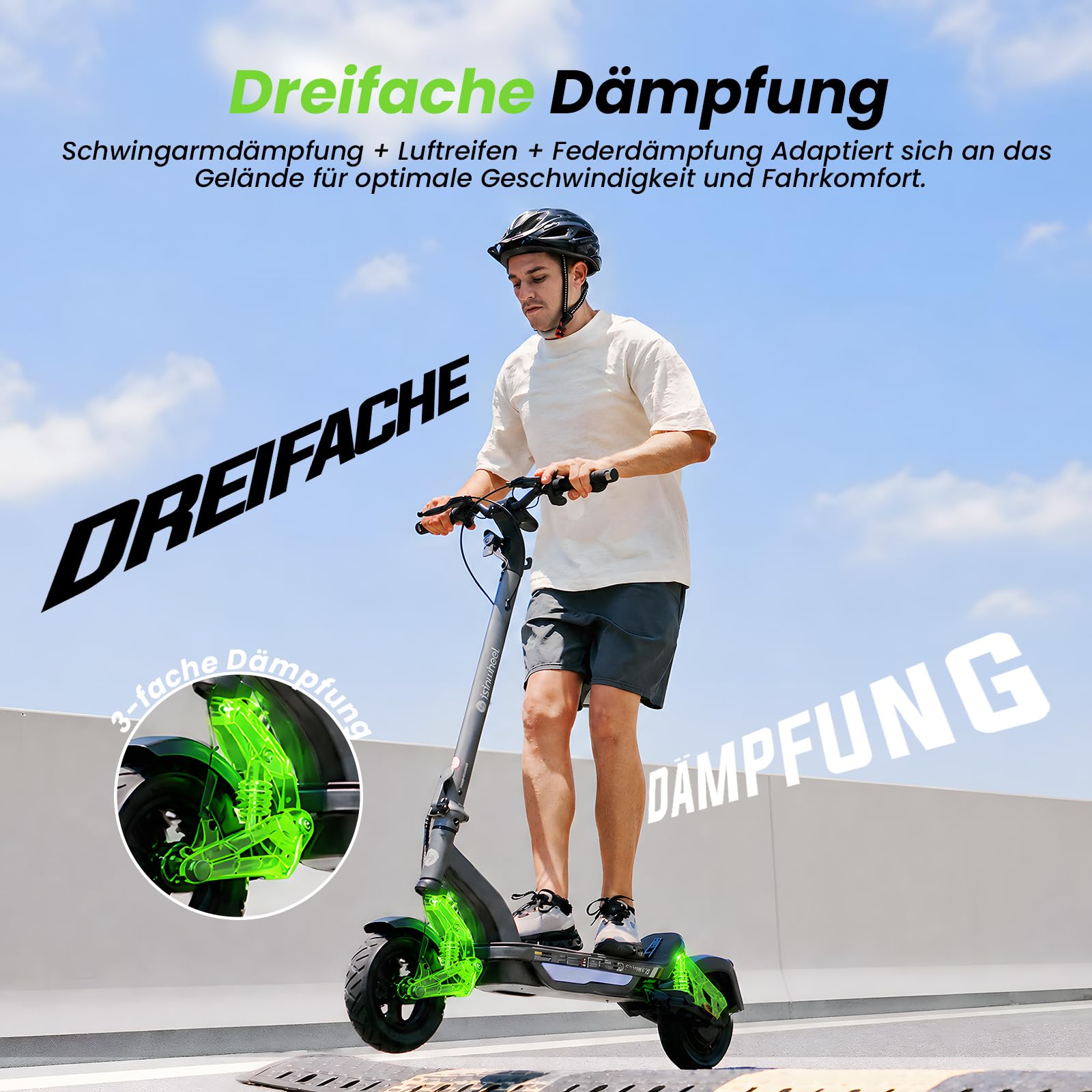 isinwheel S-Nova Pro E Scooter mit Straßenzulassung, Bis 70km Reichweite 500W Motor, Federung & Luftreifen für maximalen Fahrkomfort, Klappbar City E-Roller für Pendler