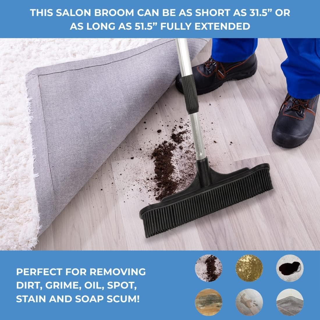 ForPro Extendable Salon Broom, Non-Scratch Rubber Bristles, Aluminum Handle Adjustable to 51.5”, Ideal for Pet Hair, Lint, Dust, Dirt, Black