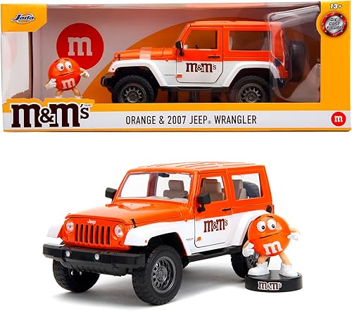 Jada Toys M&Ms Orange 2007 Jeep Wrangler 124 Vehicle and M&M Collectible Figure