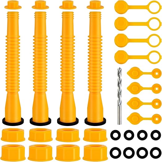 Mupera Gas Can Nozzle Replacement Kit (4-Piece) - Flexible Fuel Spout for 1/2/5/10 Gallon Cans, Leak-Resistant Caps + Quick-Flow Design (Yellow)