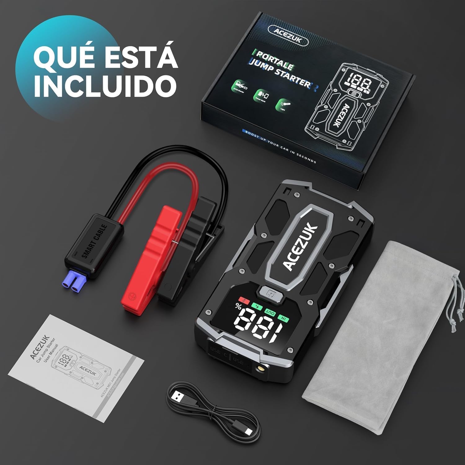 ACEZUK Arrancador de Coches 7000A, 12V Arrancador de Baterias de Coches (para 5.5L Disésel o 7.0L Gas), Jump Starter con 2.5 Inch Pantalla LCD, Clips de Seguridad Inteligentes, Luz LED