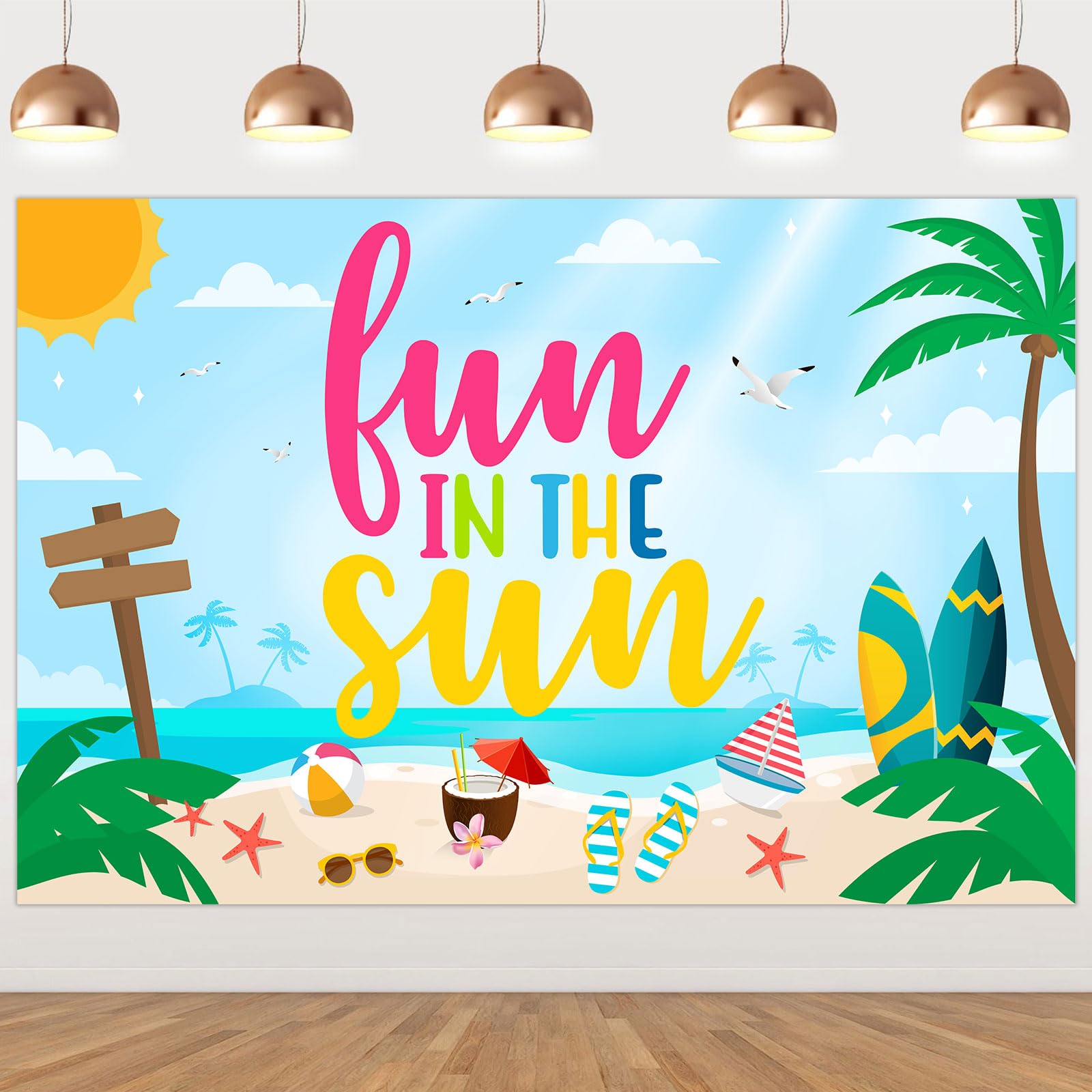 Wonmelody Fun in the Sun Birthday Backdrop Banner Summer Beach Birthday Backdrop Banner Beach Ball Party Decoration Surfing Beach Birthday Backdrop for Pool Hawaiian Themed Birthday Baby Shower Party