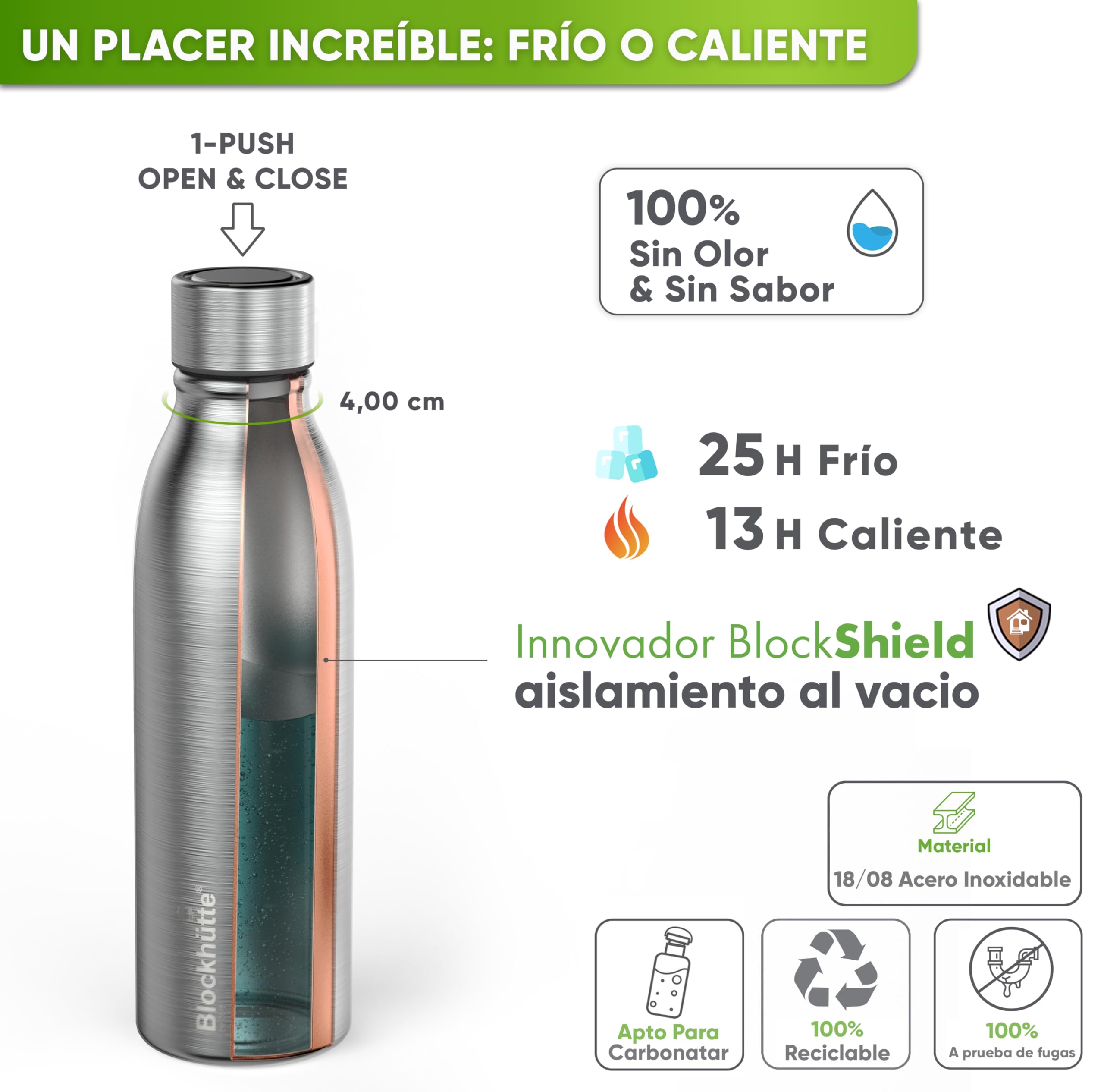 Blockhütte Personalizada Botella Agua Acero Inoxidable 750ml I Termo Agua Fria para 25h Bebidas Frias I Garrafa Termica a Prova de Fugas I Water Bottle para hacer Deporte y Oficina, sin BPA