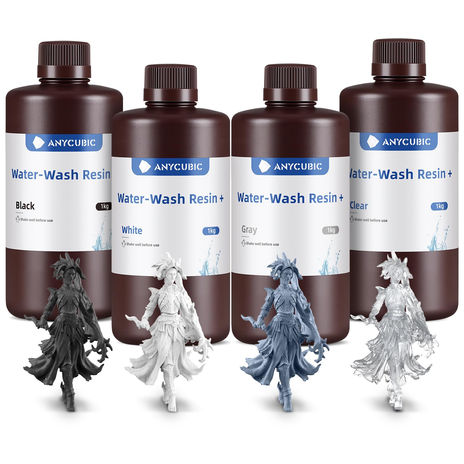 ANYCUBIC Wasser Abwaschbar Resin 2.0, żywica 3D Drucker zmywalna wodą, Przeciw żółknięciu, żywica UV 405nm Standardowy fotopolimer Harz für alle LCD 3D Drucker, szara+czarny+bia?y+przezroczysty 4kg