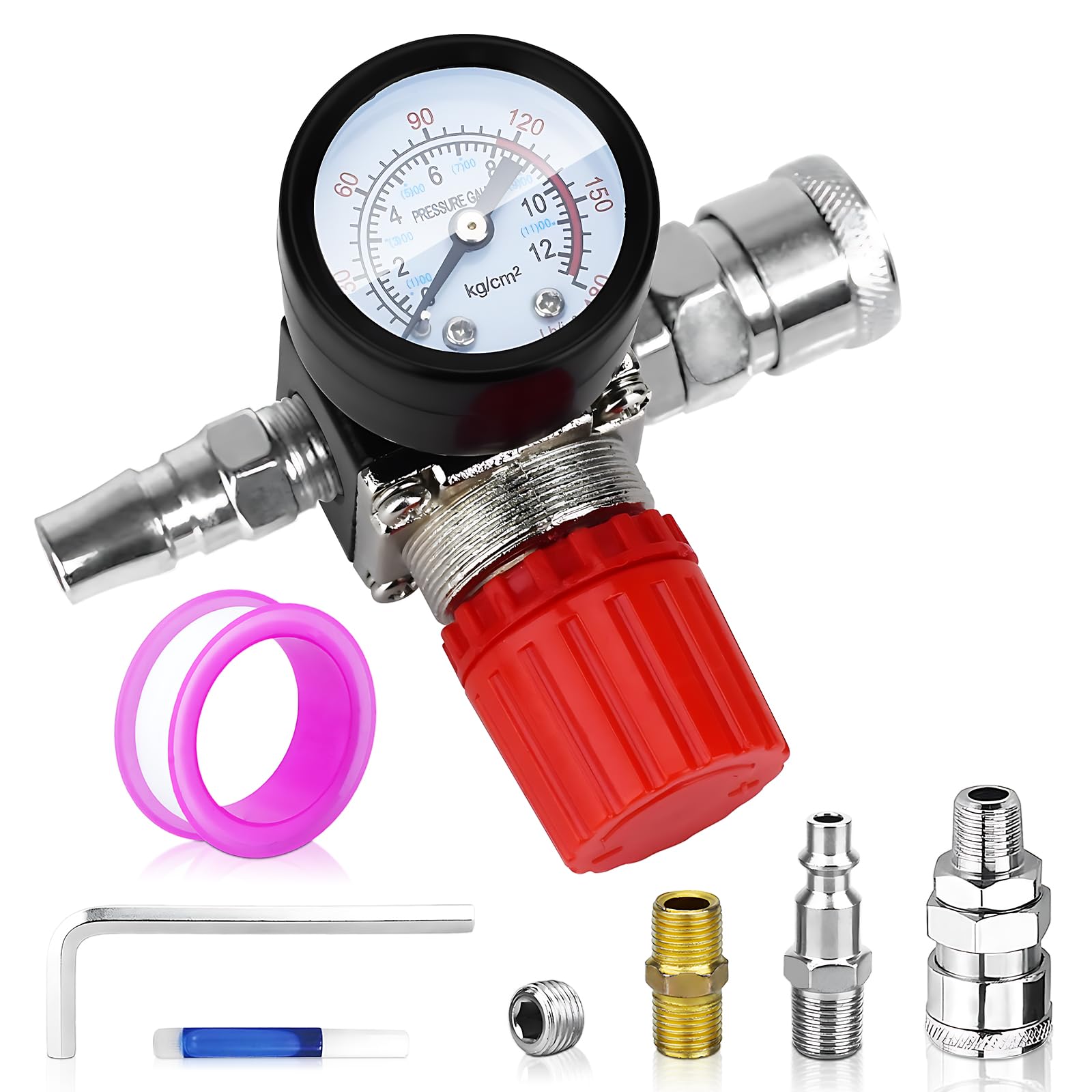 FBANG Air Compressor Pressure Regulator with Dial Indicator, 0-175 PSI Air Gauge for Air Compressor and Air Tools (4-way valve)