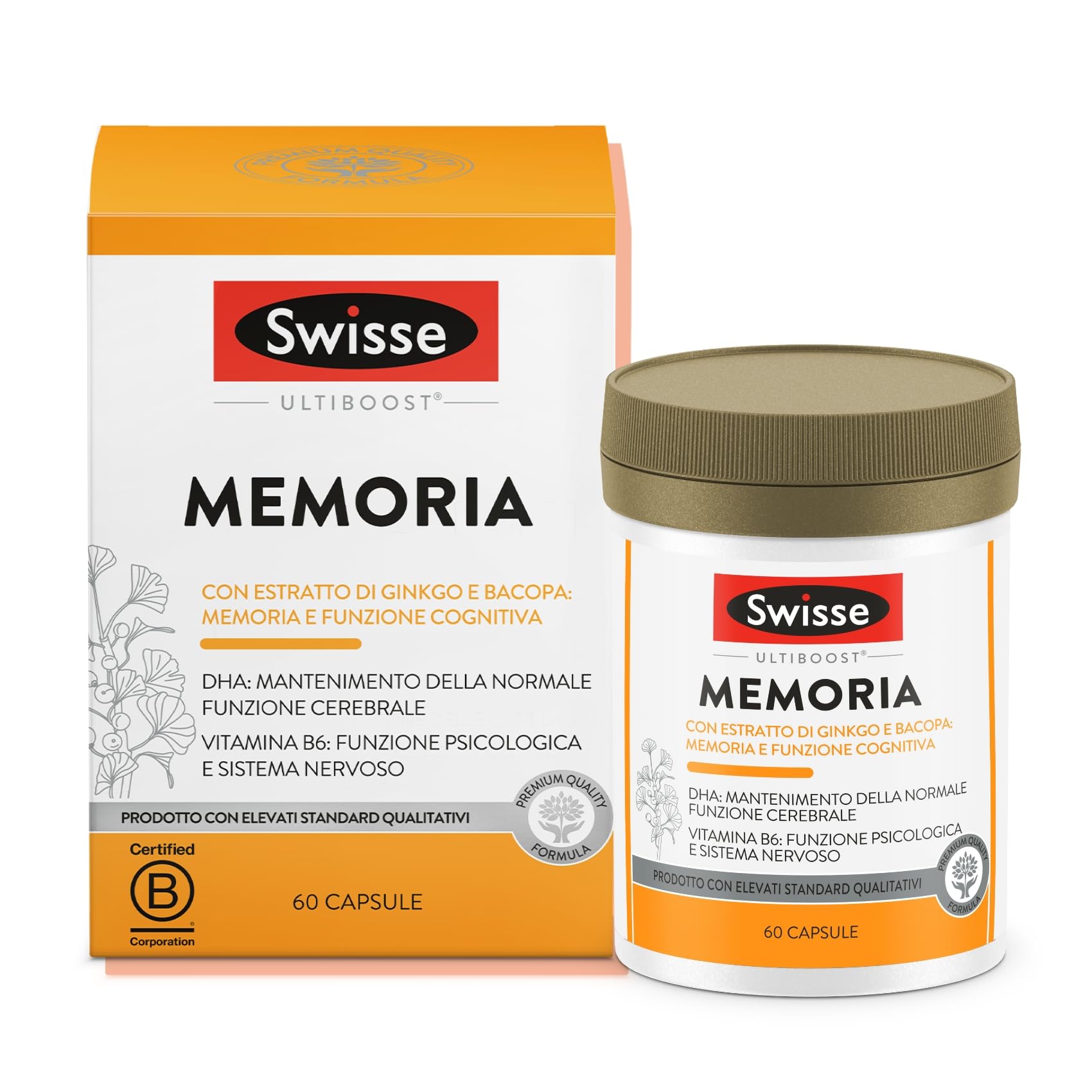 SWISSE Ultiboost- Integratori Memoria con Bacopa Monnieri e Ginkgo Biloba per Mantenimento Funzione Cognitiva, Integratore con DHA per Supporto Normale Funzione Cerebrale, Made in Italy, 60 Capsule