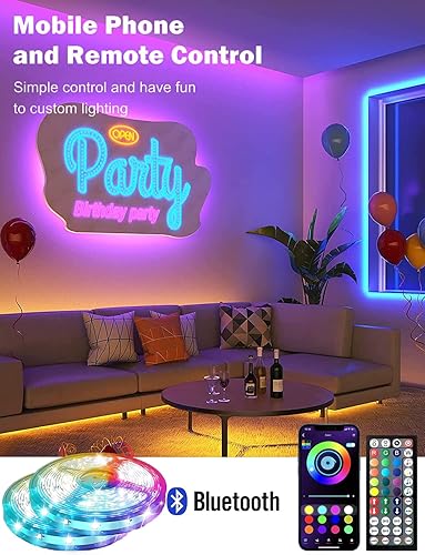 Vista 4 de Tira de luces LED RGB de 200 pies (3 rollos de luces LED de 65.6 pies), luces LED Bluetooth ultra largas con control remoto de voz de aplicación, 28