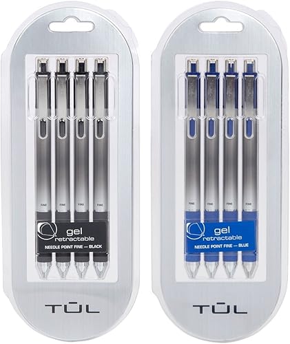 TUL Bolígrafos de gel retráctiles de 0.020 in, punta fina de aguja, paquete negro/azul (2 paquetes de 4)