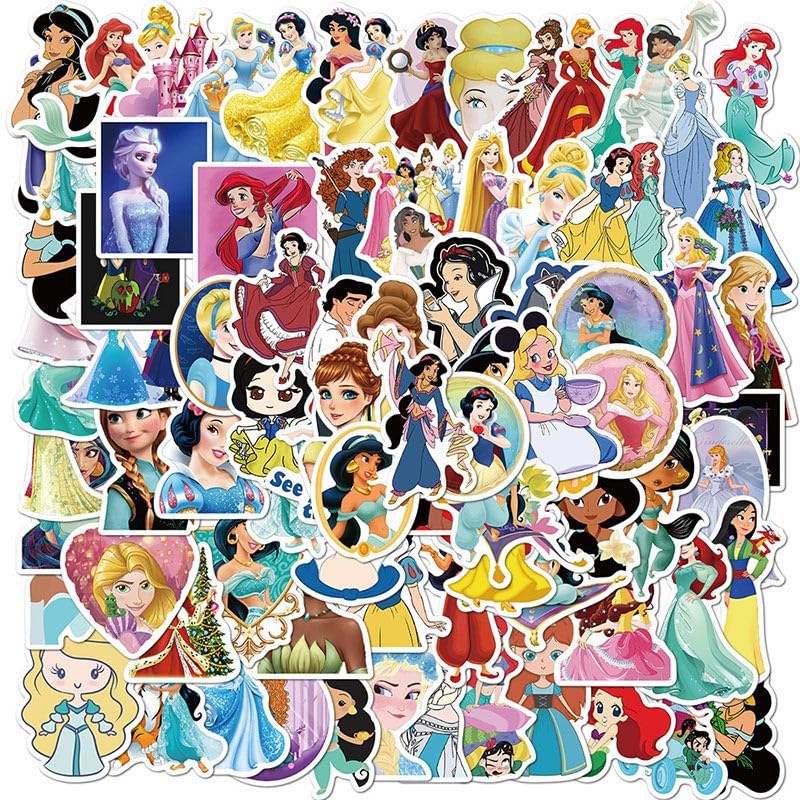 100pcs Cartoon Princess Stickers for Girls Water Bottle Cute Princesses Waterproof Vinyl Stickers for Teens Adults Women Laptop Scrapbook Skateboard Phone Decals Party Supplies