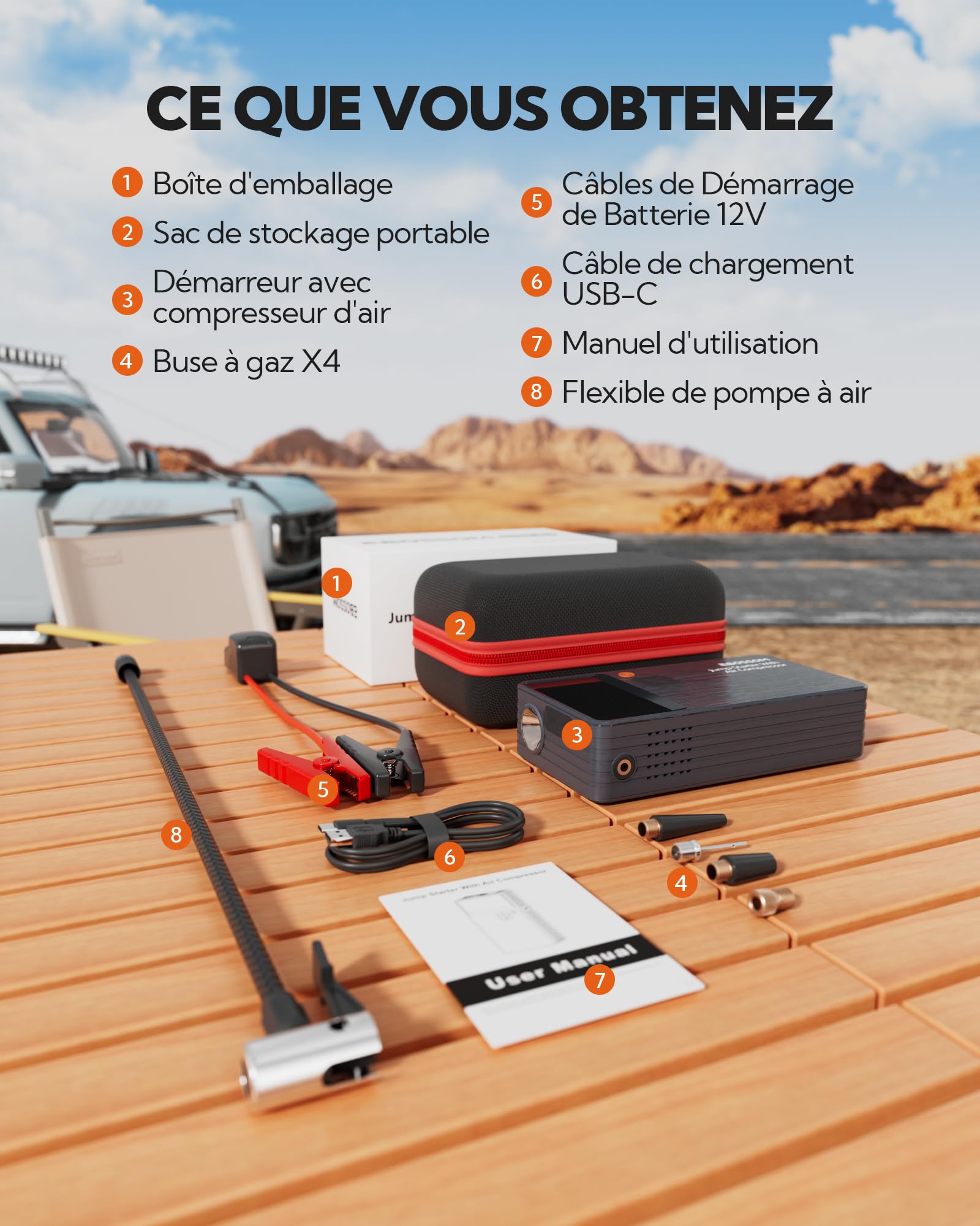 Booster Batterie Voiture avec Gonfleur,Demarreur Batterie Voiture avec Compresseur d'air Portable 7en1,Jump Starter Boost pour Moto de 12000 mAh,Booster d'urgence avec Lampe LED,Charging USB-C