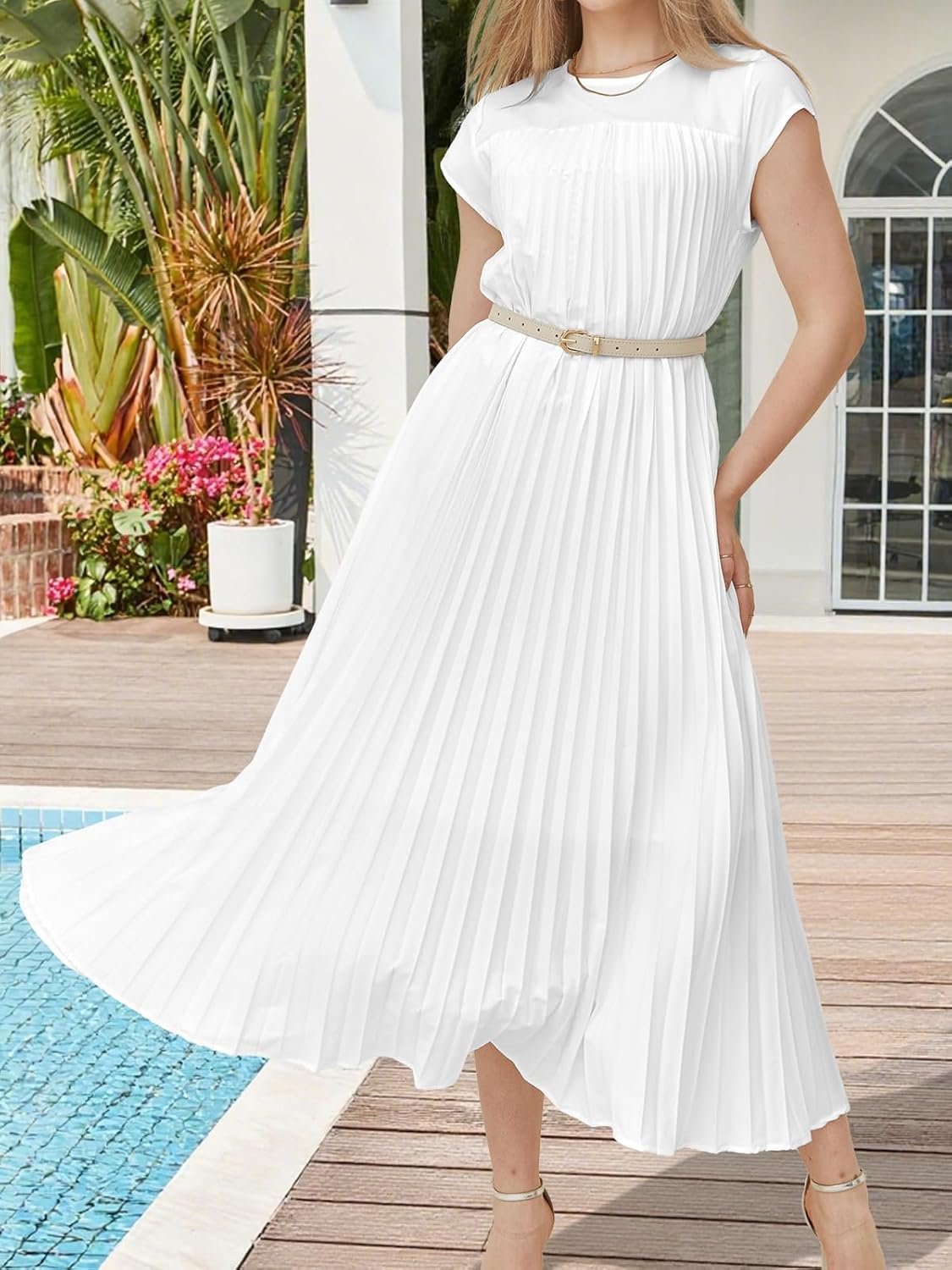 Women's Church Pleated Maxi Dress 2025 Summer Cap Sleeve Maternity Modest Flowy Dresses with Pockets - Image 5