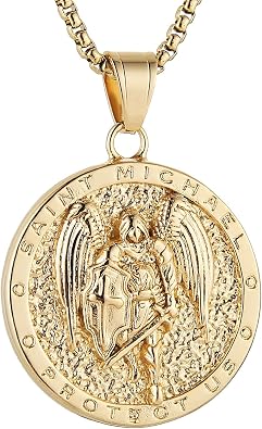 AsAlways St. Michael the Archangel Necklace for Men Stainless Steel Gold Angel Exorcism Protect Amulet Round Medal Pendant Necklace Jewelry Gift
