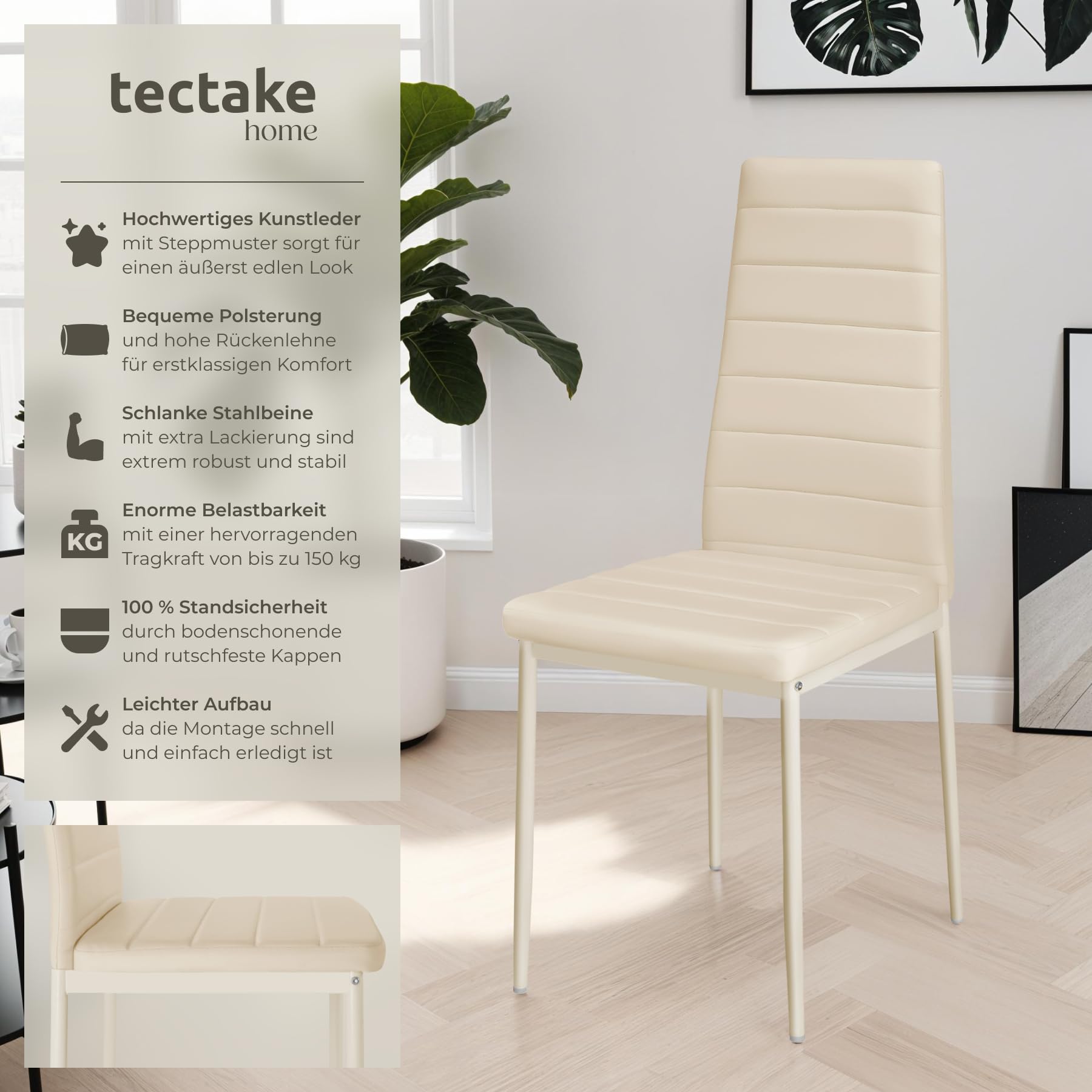 tectake® 4er Set Esszimmerstühle, Stuhl mit hoher Rückenlehne, 45 x 48 x 98,5 cm, Küchenstühle, Stühle für Esstisch, Esszimmer, Dining Table, Vorzimmer Möbel Set gepolstert - beige