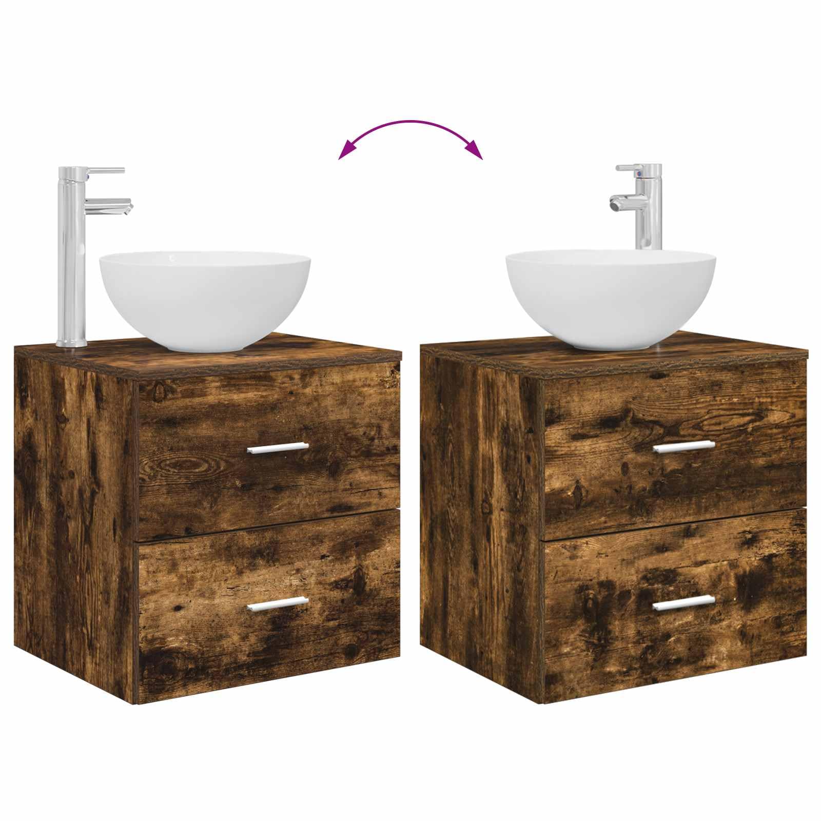 Juego de 4 muebles de baño de roble ahumado con espejo LED, montaje en pared, espacio de almacenamiento e iluminación USB para un diseño moderno de baño