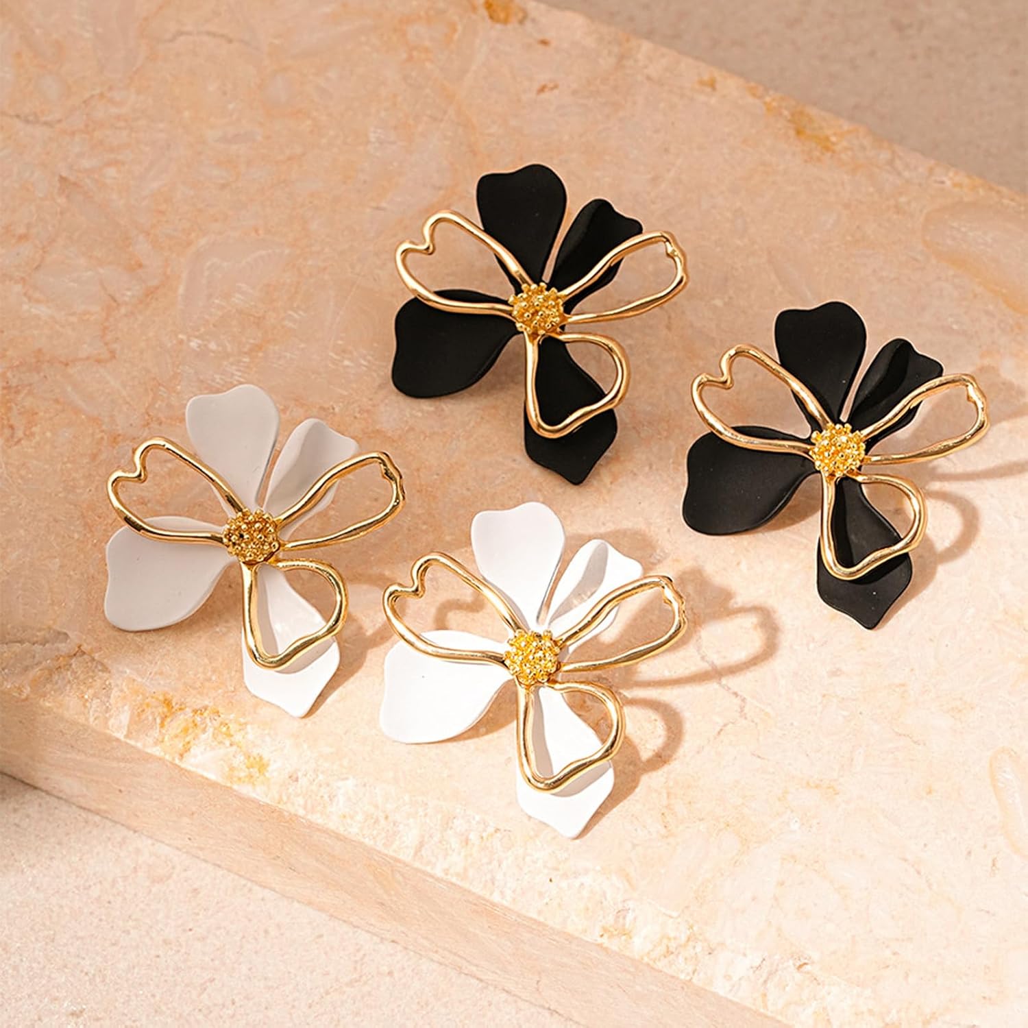 Flower Earrings for Women Large Floral Drop Earrings White Black Petal Gold-Tone Statement Earrings Birthday Holidays Exquisite Jewelry - Image 7