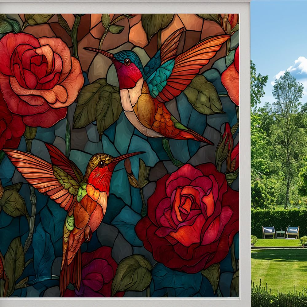 Colorful Hummingbird Stained Glass Window Film, Red Floral Bird Animal Peel and Stick Privacy Film, Frosted Adhesive Vinyl Decorative for Bathroom Windows Glass Doors, （50x100cm）