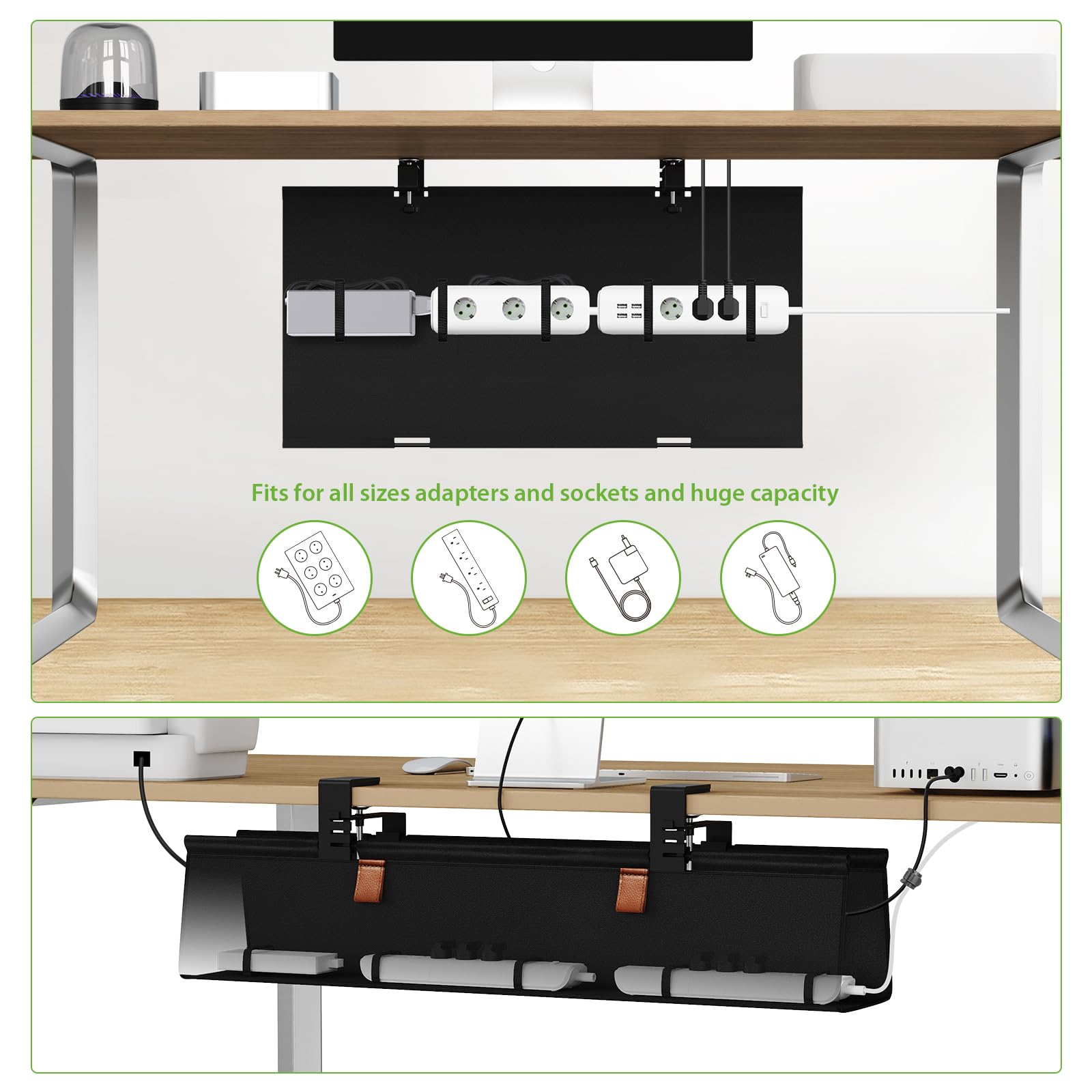 KEEGH Kabelkanal Schreibtisch Ohne Bohren, 76cm Unter dem Kabelmanagement Schreibtisch - Klemmen/Schraubmontage, Stoff-Kabelkanal für Gaming-PCs und Kabelverstecker für Büro & Zuhause, Schwarz