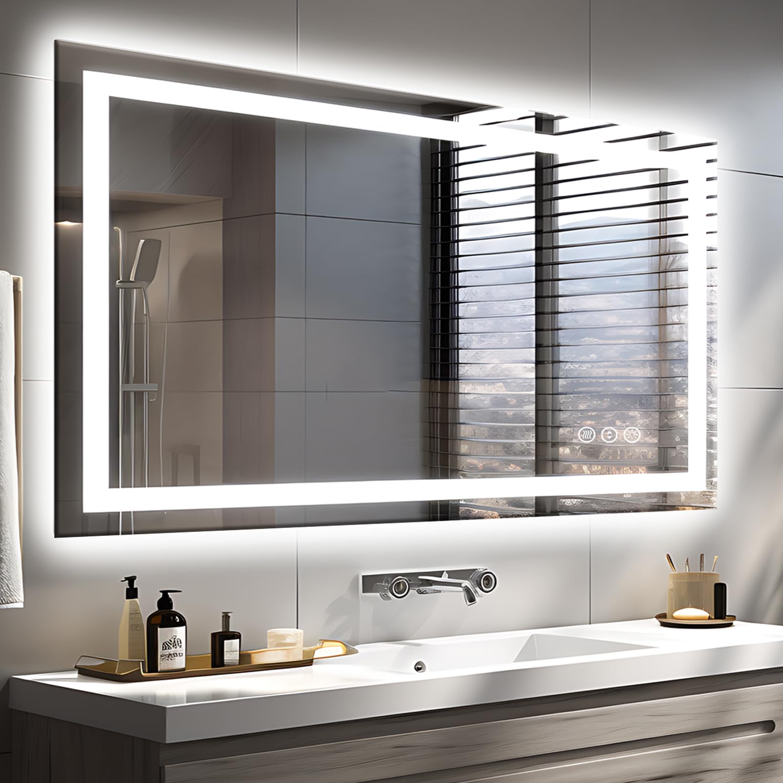 EchosLife 48"x32" LED Bathroom Mirrors for Wall, Front and Backlit Mirror, Anti-Fog Vanity Mirror with Lights, Stepless 3 Colors Dimmable Lighted