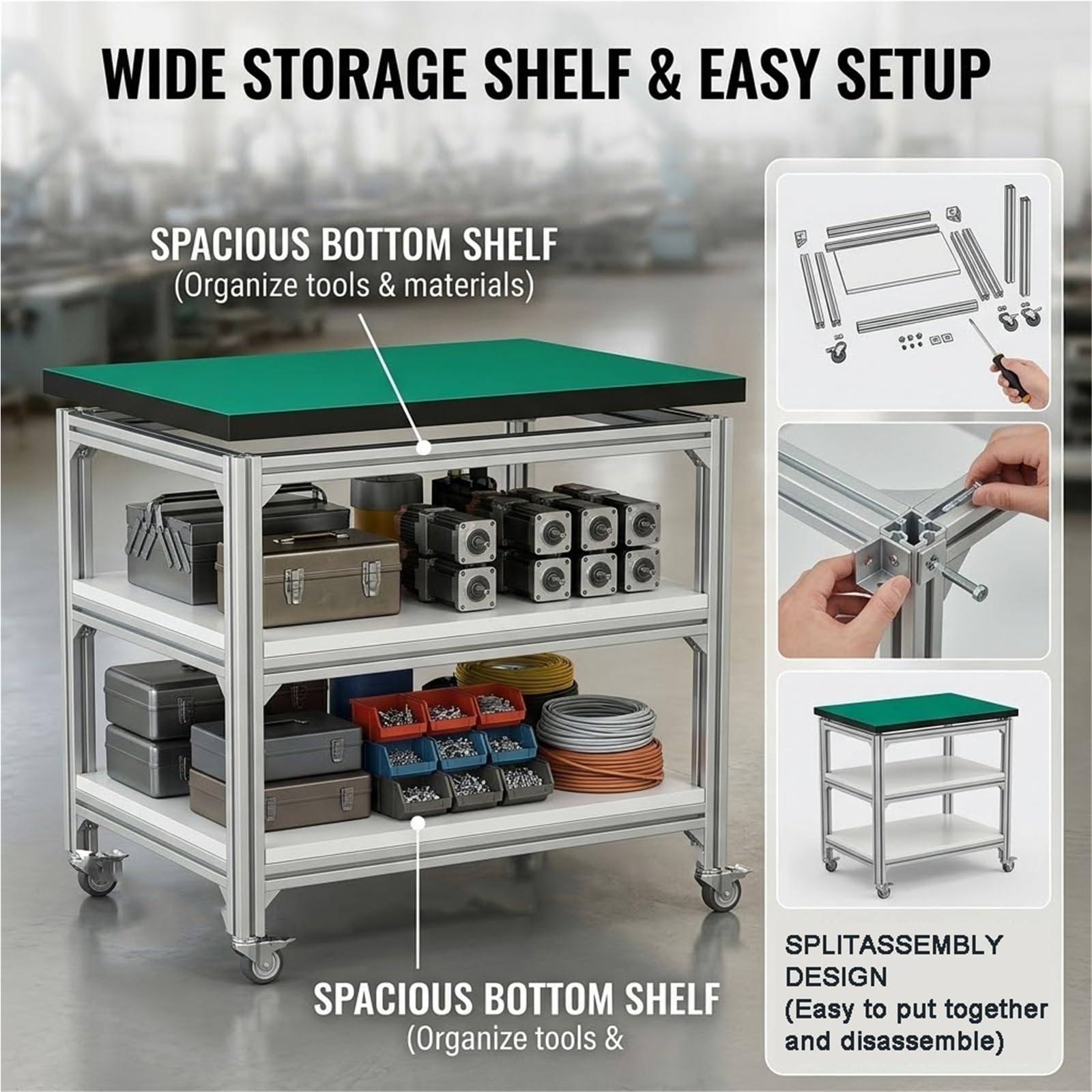 Banco Lavoro Mobile Antistatico Carrello Alluminio(B80x60cm) | Bordo Anticaduta| Pannello da 25mm | Tappeto dissipativo da 2mm |Ruote girevoli a 360° con freno |As