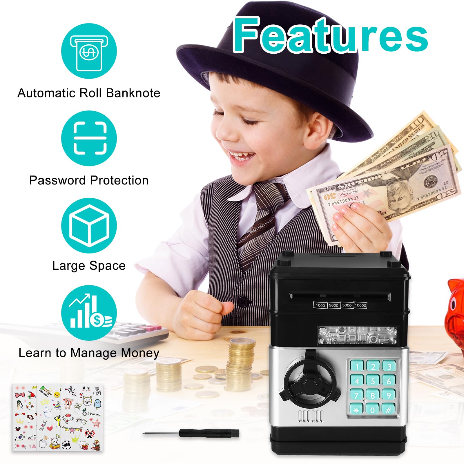 UCAMP Hucha electrónica para niños,Cajero Automático Digital con Contraseña y Recepción Automática de Dinero,Incluye 6 Pegatinas,Destornillador,Regalo para Niños y Niñas de 3 a 12 Años (Negro)