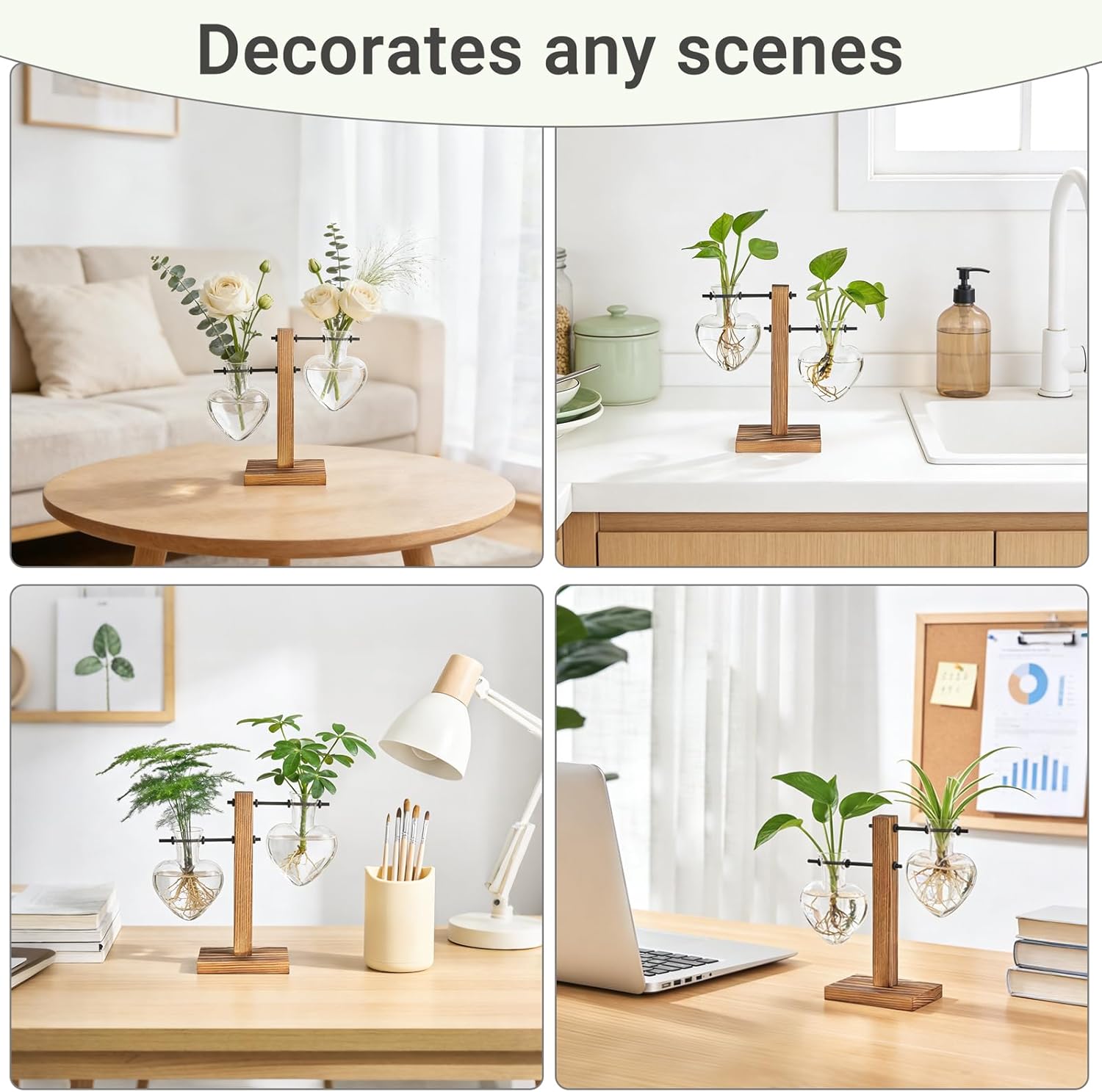 Mkono Heart Shaped Propagation Station with Wood Stand, Glass Hydroponic Planter Desktop Plant Terrarium for Home Office Decor, Gifts for Plant Lovers - 2 Love Bulb Pot Vase - Image 3