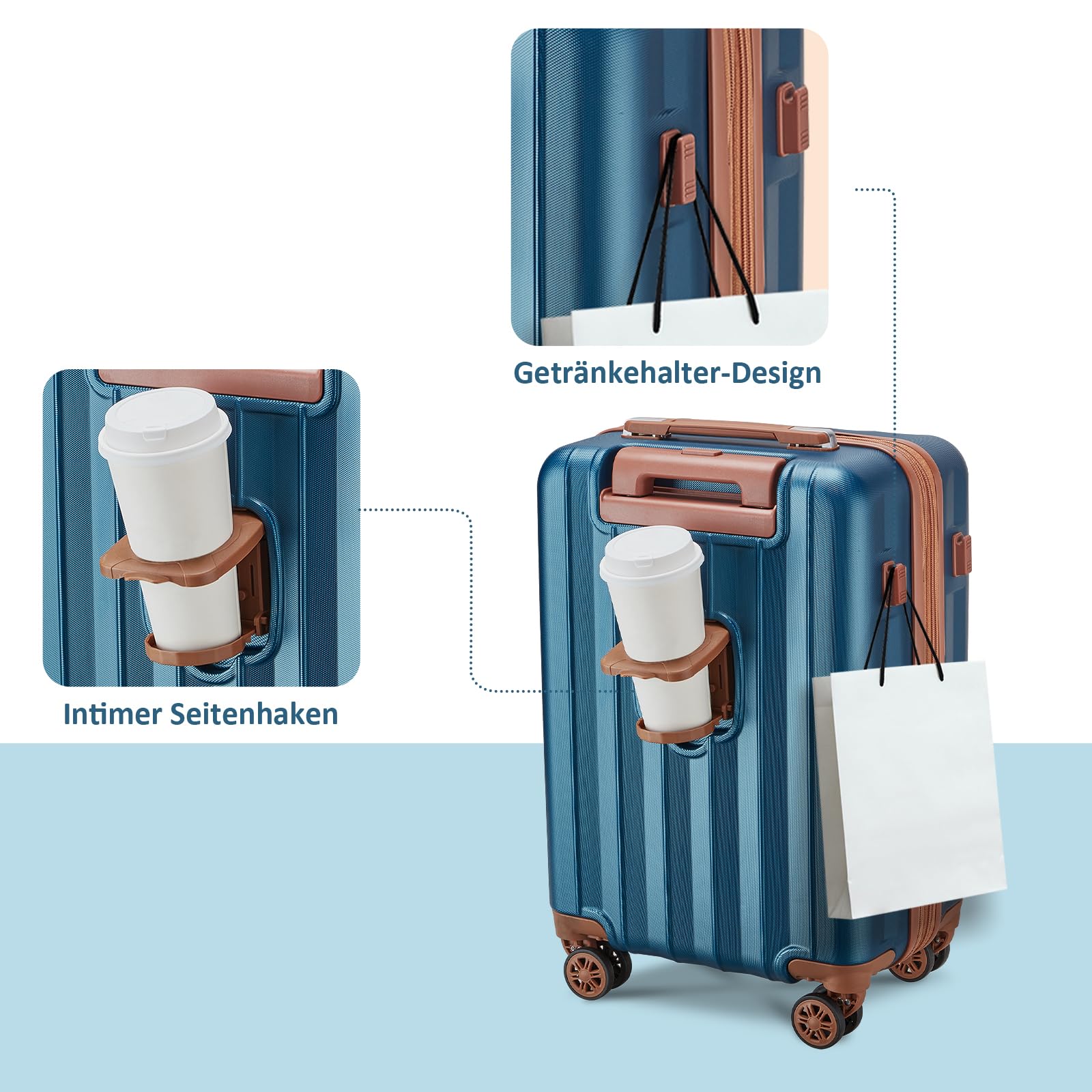 Joyway Valigia Set di valigie a mano 4 pezzi, valigia da viaggio a guscio duro con porta USB e portabicchieri, 4 ruote TSA lock La valigia, Blu Marrone