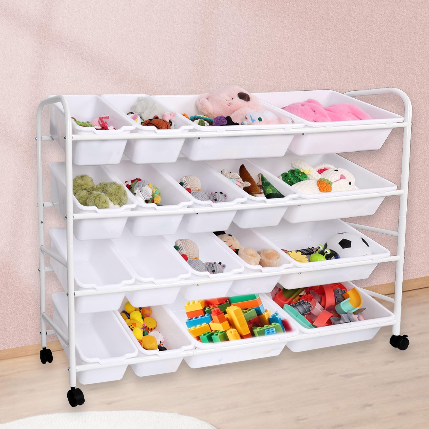 Organizador Almacenamiento Juguetes Niños, Estante Juguetes 4 Niveles con 18 Contenedores Plástico Caja Soporte Estantería Niños Estante Organizador Almacenamiento Muñecas para Guardería