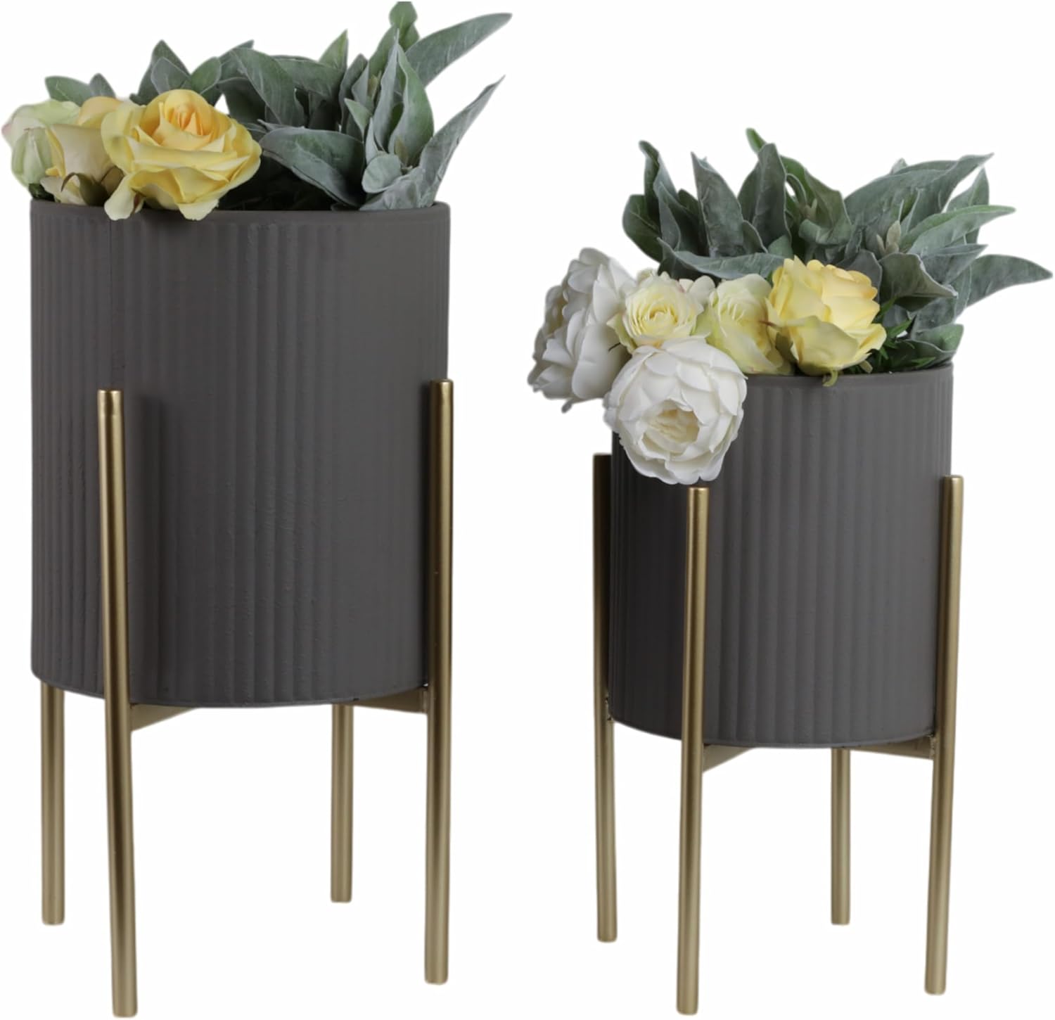 Decorative Flower Pots with Metal Stand for Home Decor - Modern Planters for Hallway, Entryway, and Living Room Decor - Indoor and Outdoor Pots for Plants - Set of 2, 23", 19", Gray & Gold