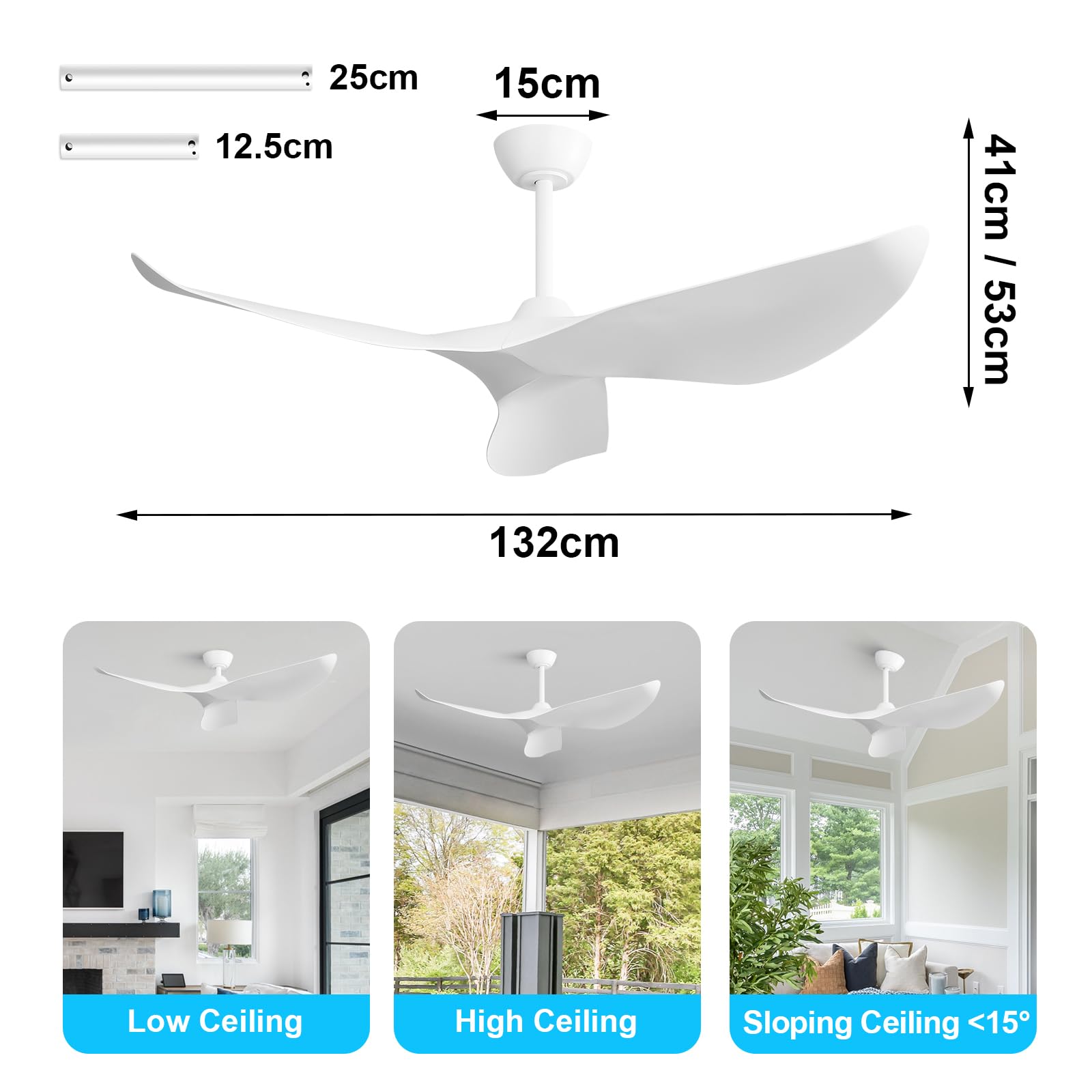 Sofucor Ventilatore da Soffitto 132 cm, Silenzioso Ventilatore da Soffitto per Camera da Letto, 3 Pale, 6 Velocità, Timer, Motore DC, Funzionamento Estivo Invernale