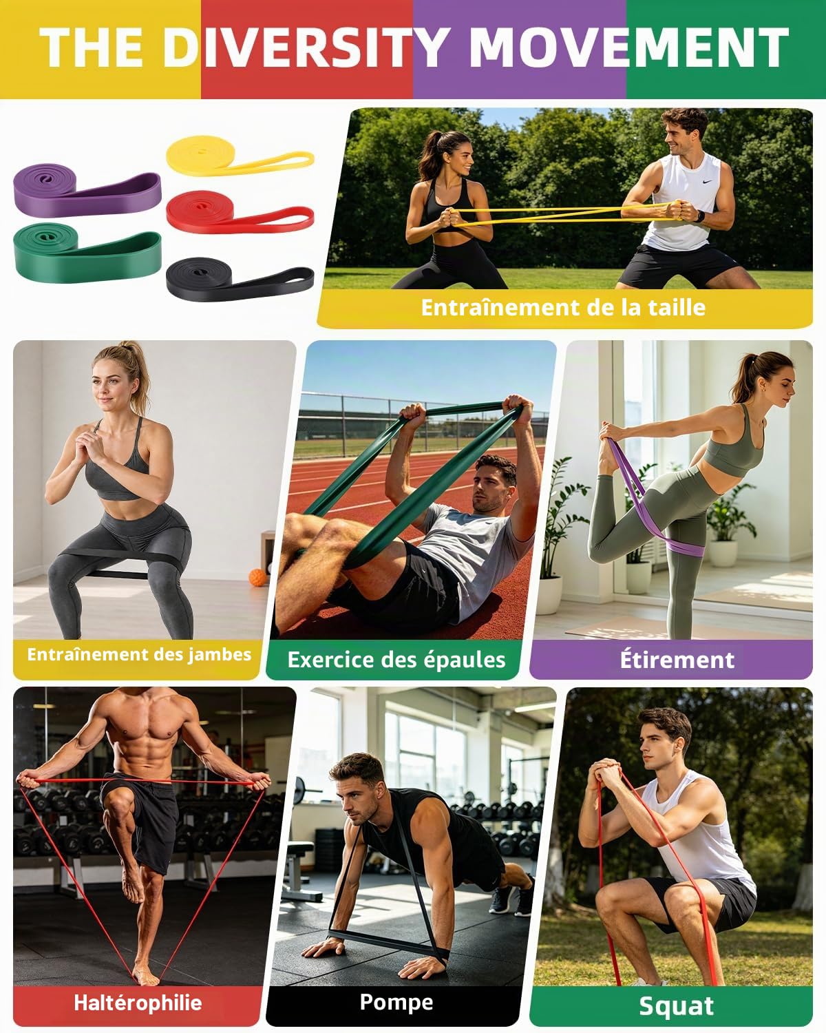 Bandes de fitness avec 5 niveaux, bandes de résistance avec ancrage de porte, bande élastique de fitness avec 5 niveaux de résistance, bande de gymnastique pour musculation, pilates, yoga
