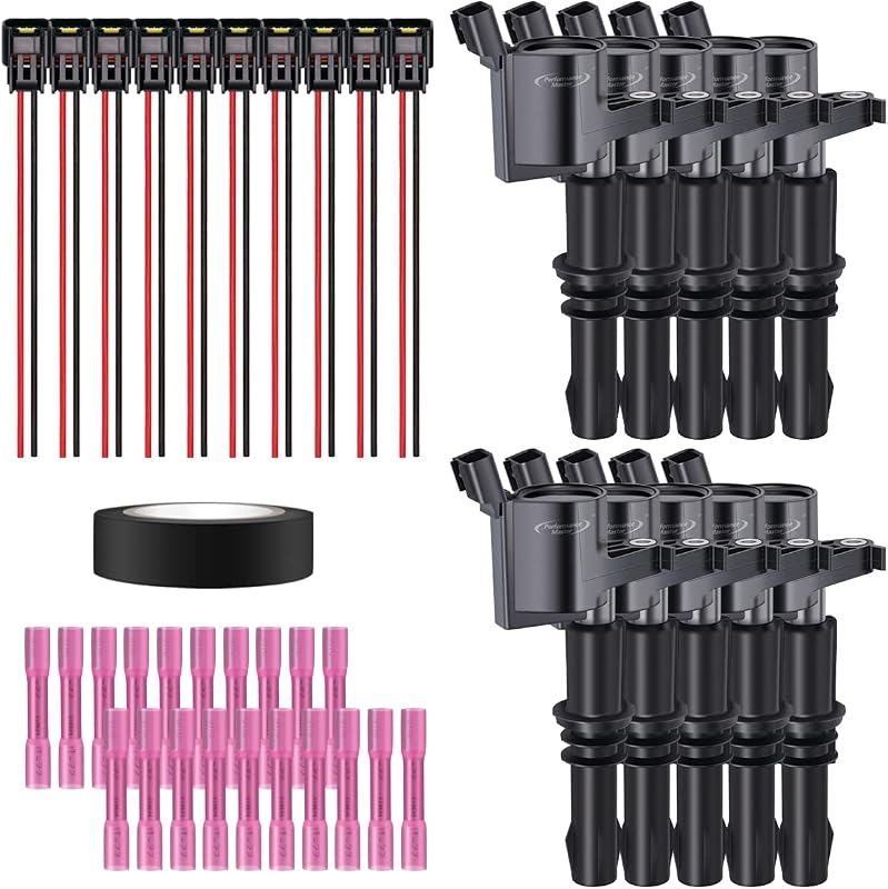 Kit com 10 bobinas de ignição DG511 e chicotes com conector para Ford F250 F350 F450 F550 Super Duty V10 6.8L – Conjunto com 10 unidades