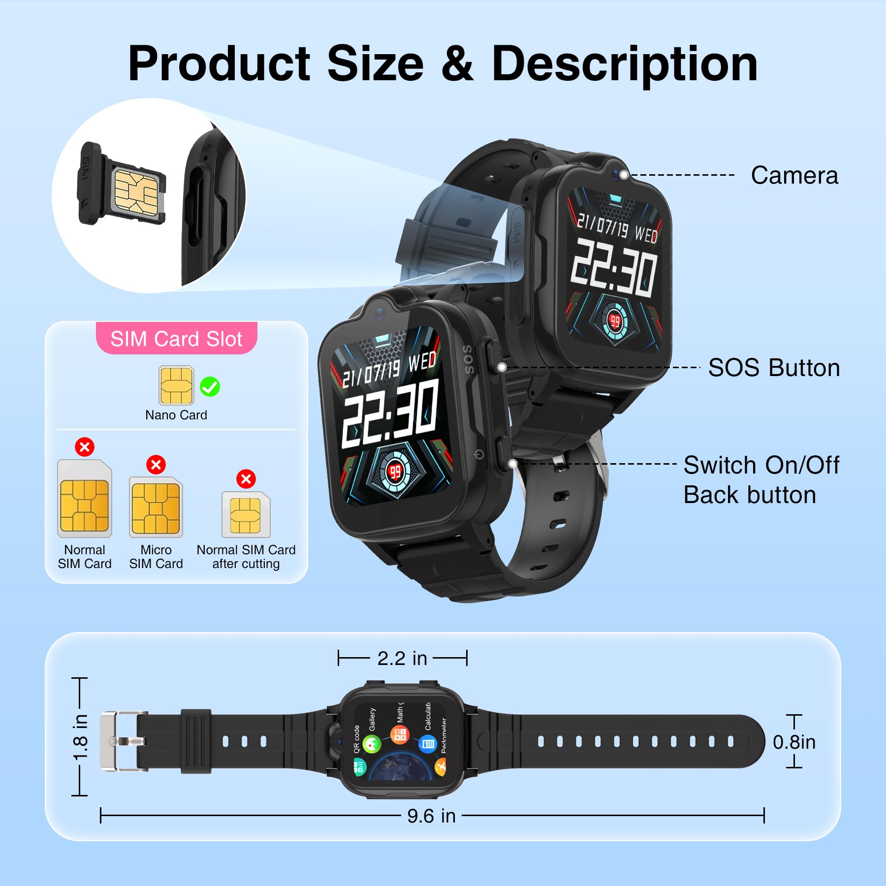 Reloj inteligente 4G GPS y teléfono, IP67 resistente al agua, llamadas, WiFi, videollamada, SOS, despertador, para niños 3-12 años, negro