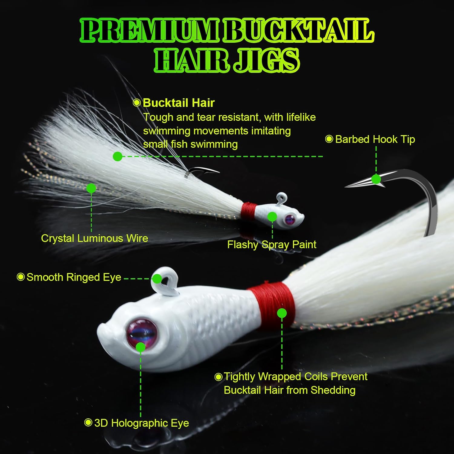 4Pcs Bucktail Jig Lure Hair Jig Saltwater Freshwater Lures Surf Fishing Bass Flounder Striper Bluefish Halibut Redfish 1/4oz,3/8oz,1/2oz, 1oz, 2oz