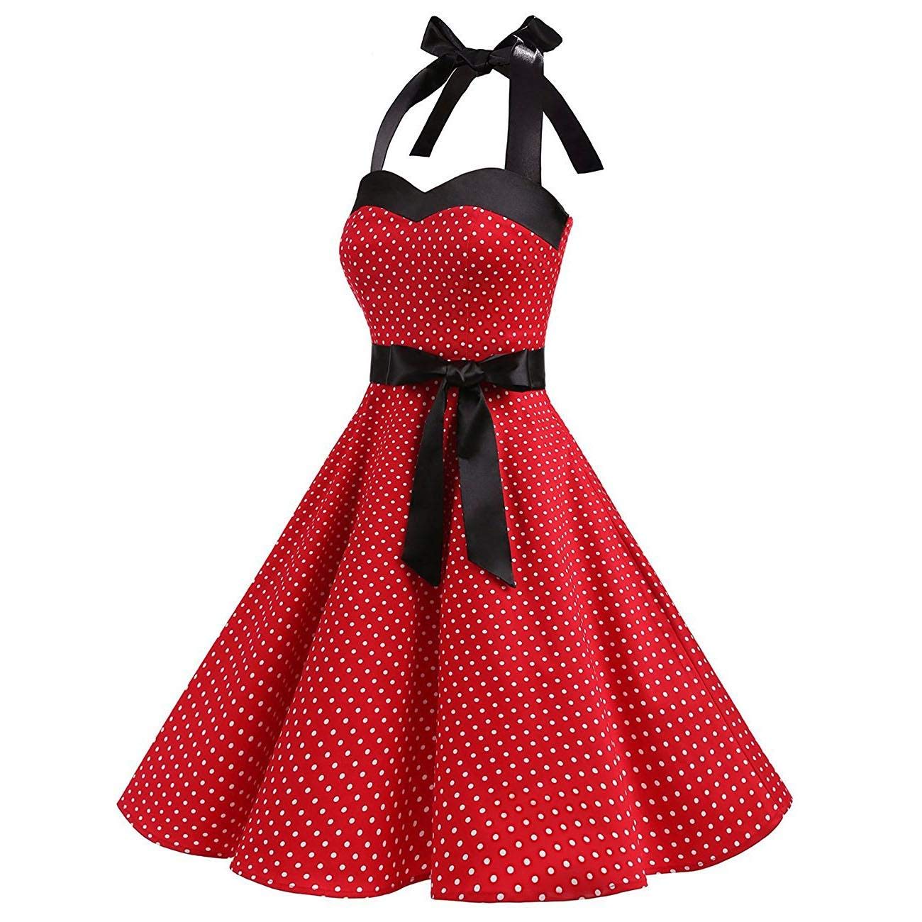 Vestido vintage de los años 50 para mujer, cuello halter, lunares, floral, acampanado, vestido de cóctel, fiesta, noche, baile de graduación