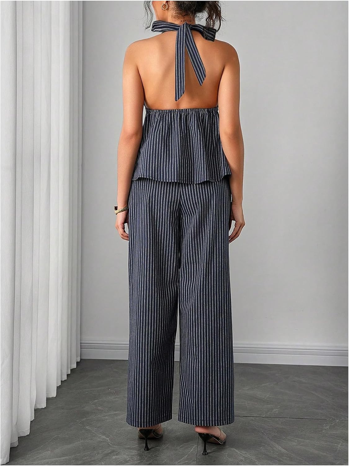 OYOANGLE Women's Maternity 2 Piece Outfits Striped Ruffle Halter Tops and Pants Set Business Casual Dressy Going Out Set