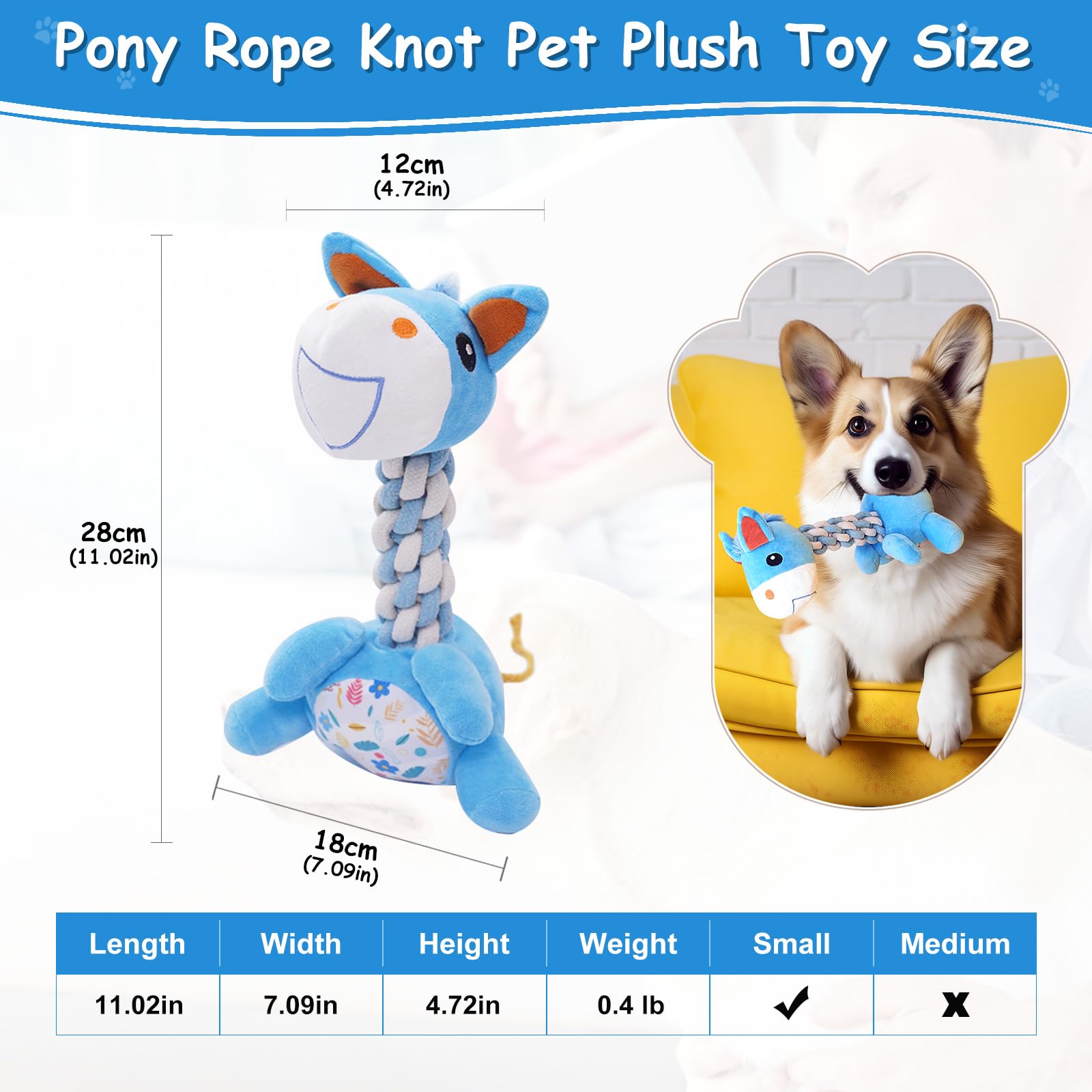 TONYFY Tough Rope Knot Plush Dog Toys with Squeaker Rope Tug - Durable Chew Toys for Teething Puppies and Small-Medium Dogs, Interactive Chewing Fun, Best Birthday Gift for Dogs (Blue Pony)