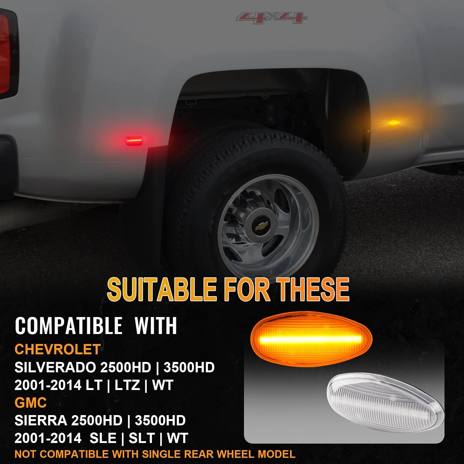 LED Dually Fender Side Marker Lights for 2001-2014 Chevy Silverado GMC Sierra 2500HD 3500HD, Chevy Silverado Amber Front Red Rear Bumper Side Markers, Clear Lens 4PCS