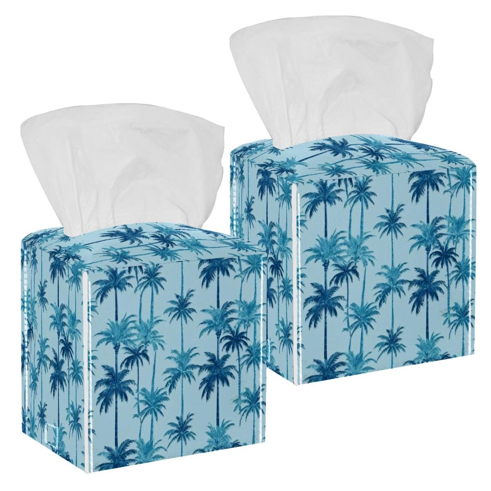 Coconut Tree Tissue Box Cover, 2 Pack PU Leather Square Facial Tissue Dispenser Box holder for Home Office Car