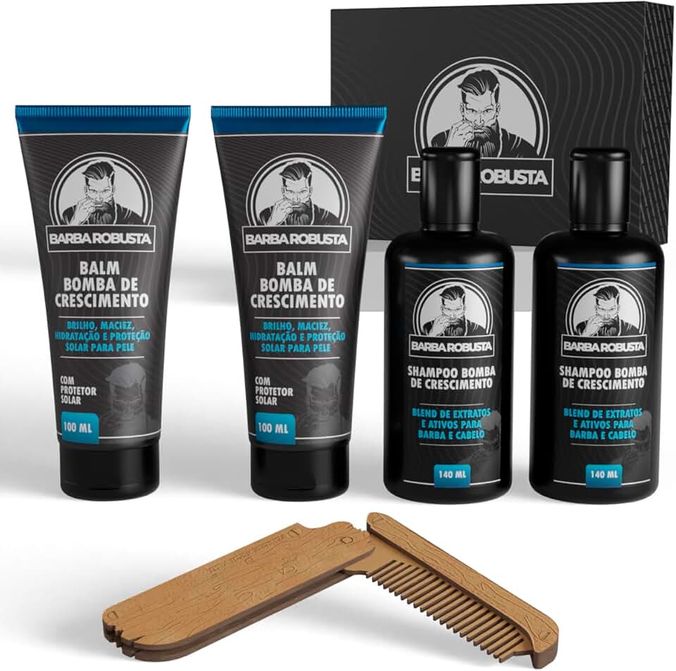 Barba Robusta Kit com 2 Balms 2 Shampoos Pente Canivete e Caixa Expositora Produtos para Cuidados com Ativos que Aceleram o Crescimento da Barba