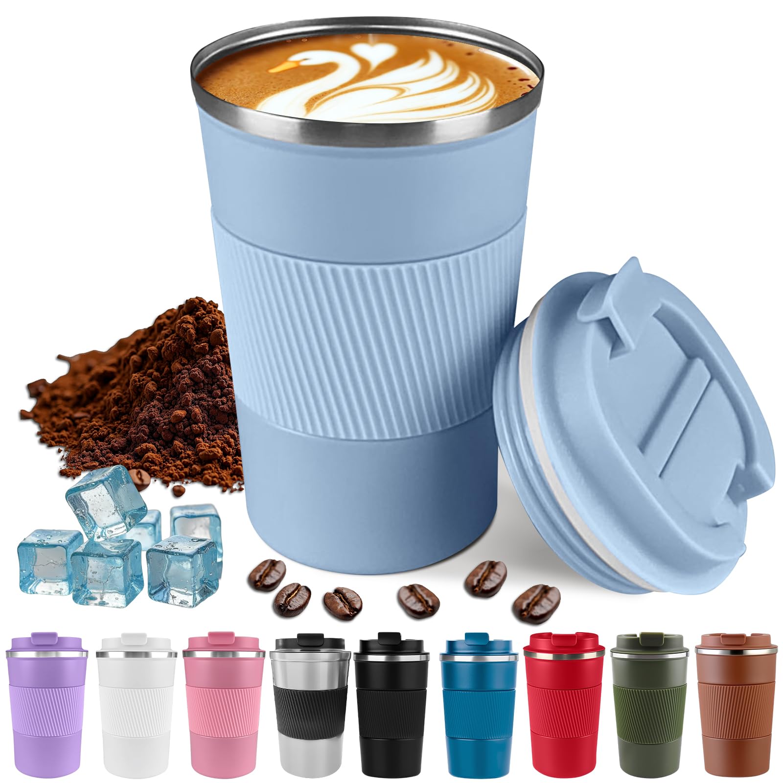Harindiver Insulated Coffee Cup with Lid, Leak Proof Travel Coffee Mug, Reusable Stainless Steel Vacuum Tumbler, Double Wall Thermal Cup for Hot&Cold Drinks, for Men&Women(3rd-Light Blue, 380ml)