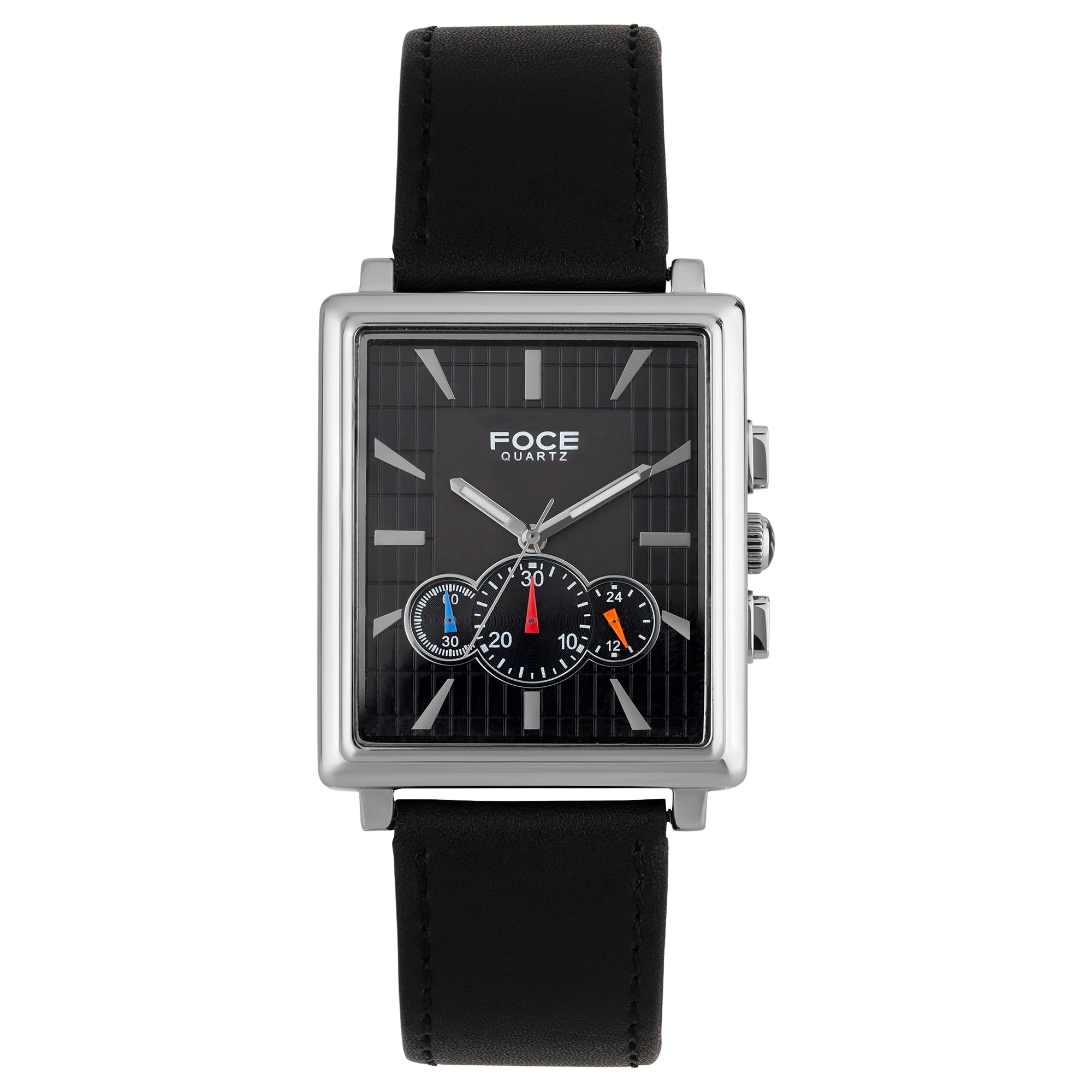 Men's Sleek Multifunction Rectangular Watch, Silver Case, Black Dial, Black Leather Strap, Day, Date & 24-Hour Subdials - Model F729GSL-BLACK