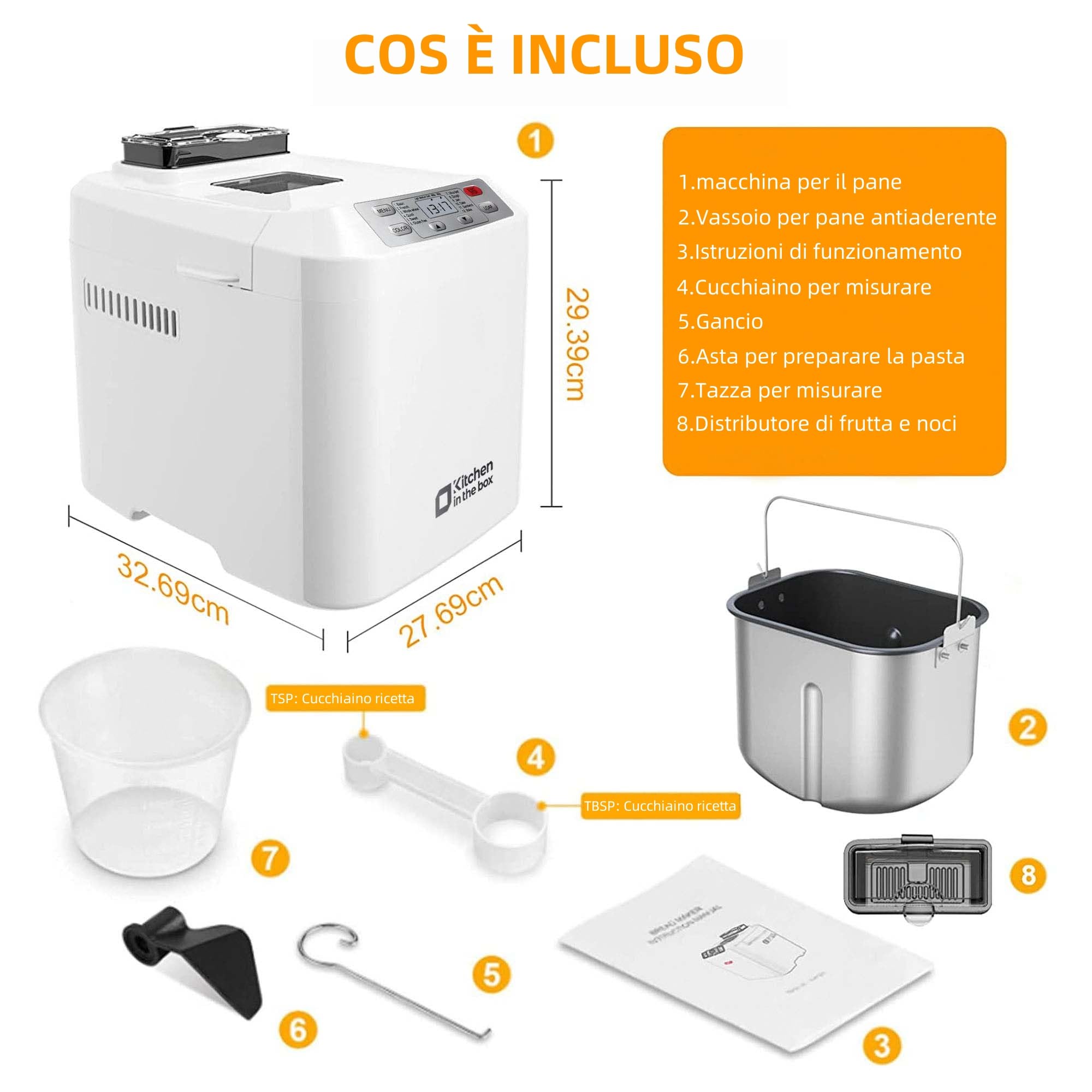 Macchina per il Pane, Kitchen in the Box Macchina del Pane con 12 Programmi, 900g, Senza Glutine, Dispenser Frutta Secca, Teglia Antiaderente, 3 Livelli di Cottura, Timer 13H e 1H Caldo (Bianco)