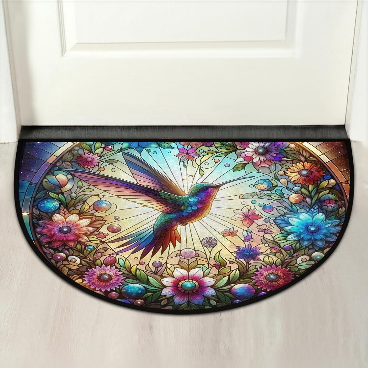 Colorful Flower Bird Half Round Door Mat Non Slip Washable Semi Circle Area Rug Absorbent Soft Half Moon Rug Floor Mat for Indoor Outdoor Kitchen Bathroom Patio Front Door Mat Decor