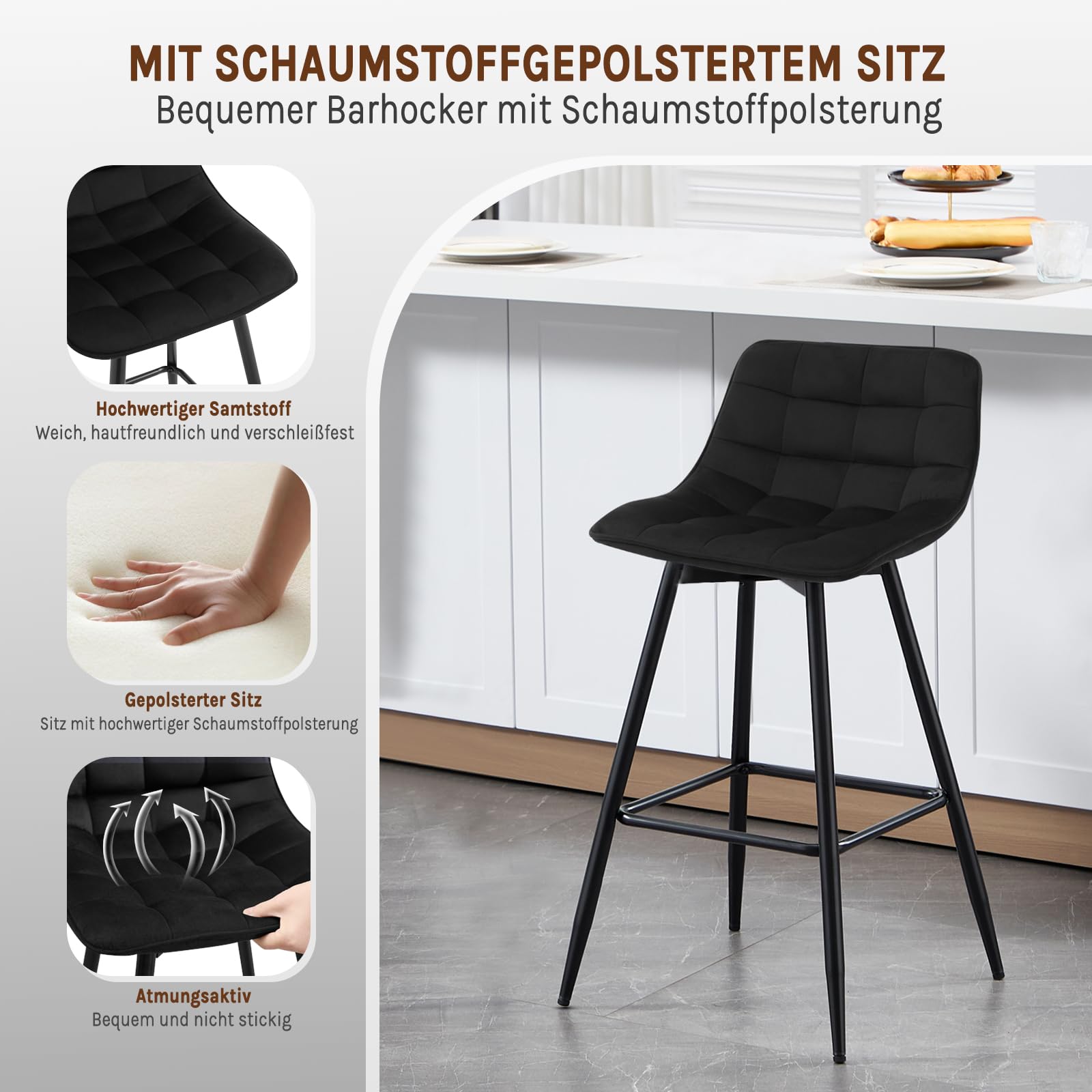 WOLTU Barhocker 2er Set Designer Barstuhl Hocker Tresenhocker Bistrohocker mit Fußstütze Samt Metall Schwarz