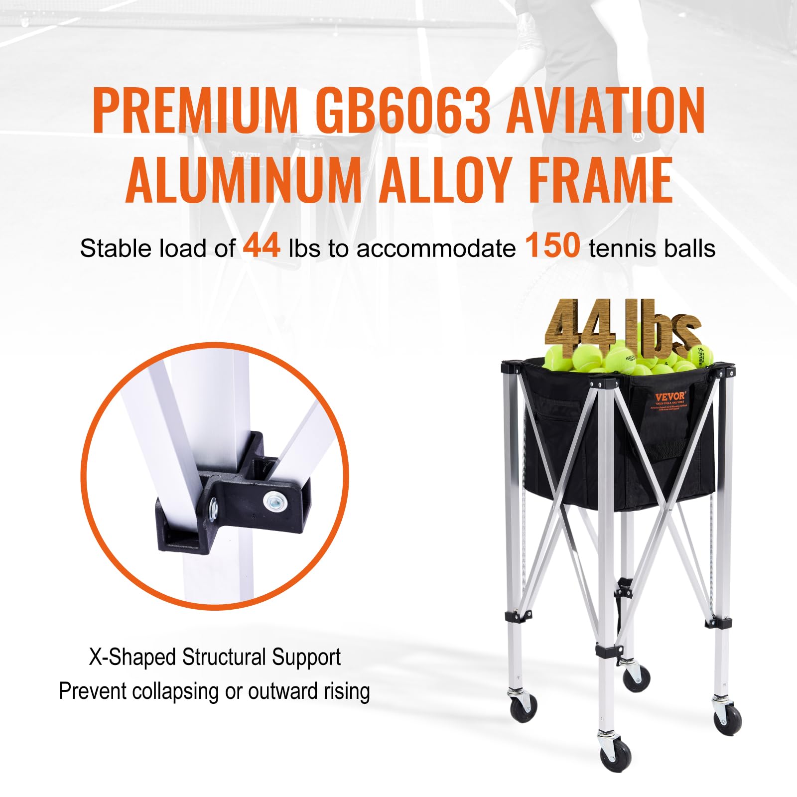 VEVOR Panier à Balle de Tennis Pliable 150 balles Chariot Alliage d'aluminium