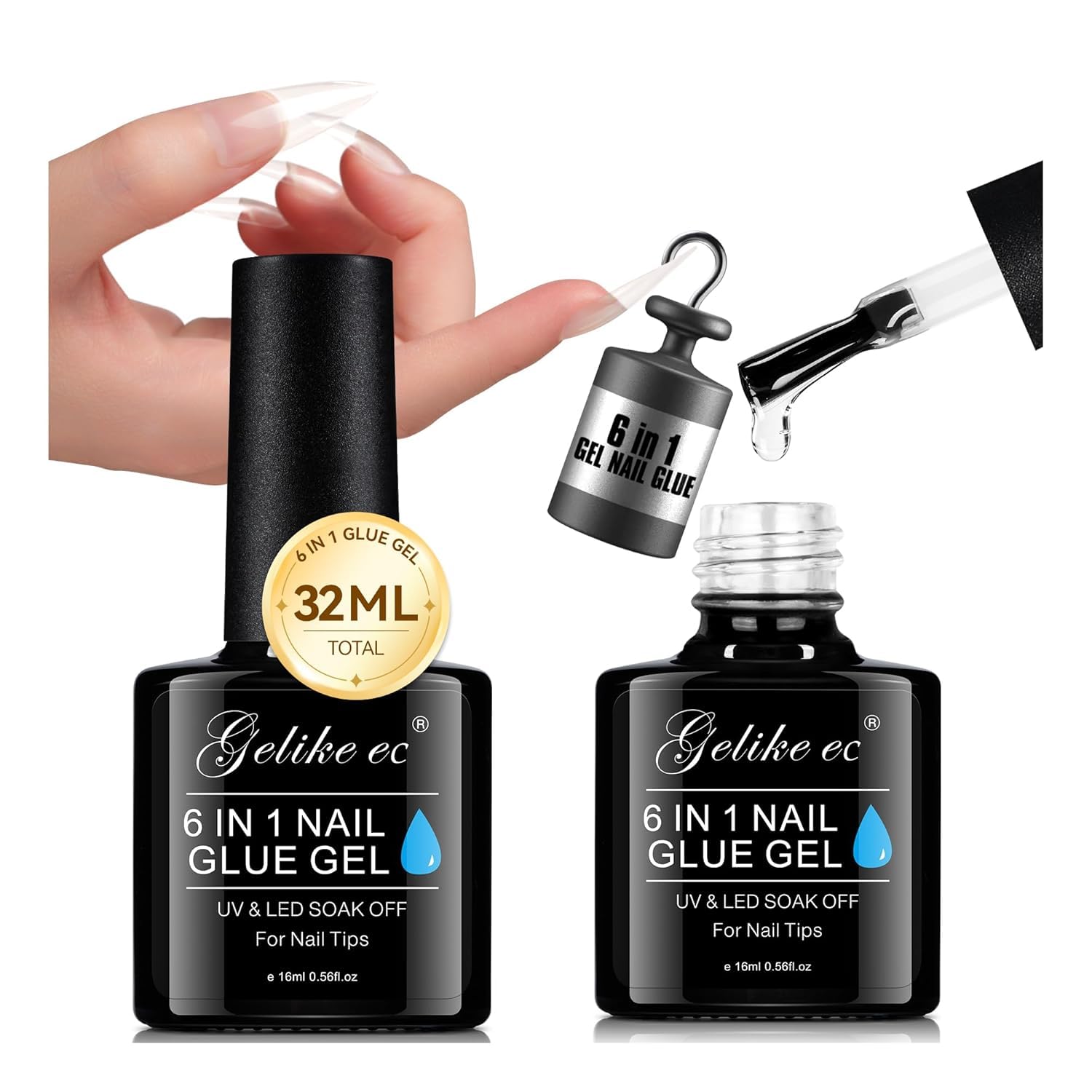 Gelike ec 6 in 1 Nail Glue Gel 32ML 2PCS: Extra Strong Nail Glue for Clear Acrylic Nails - Long Lasting Extension Gel Adhesive UV Nail Glue for Clear Press On Nail Tips Nail Polish, UV Cure Required…