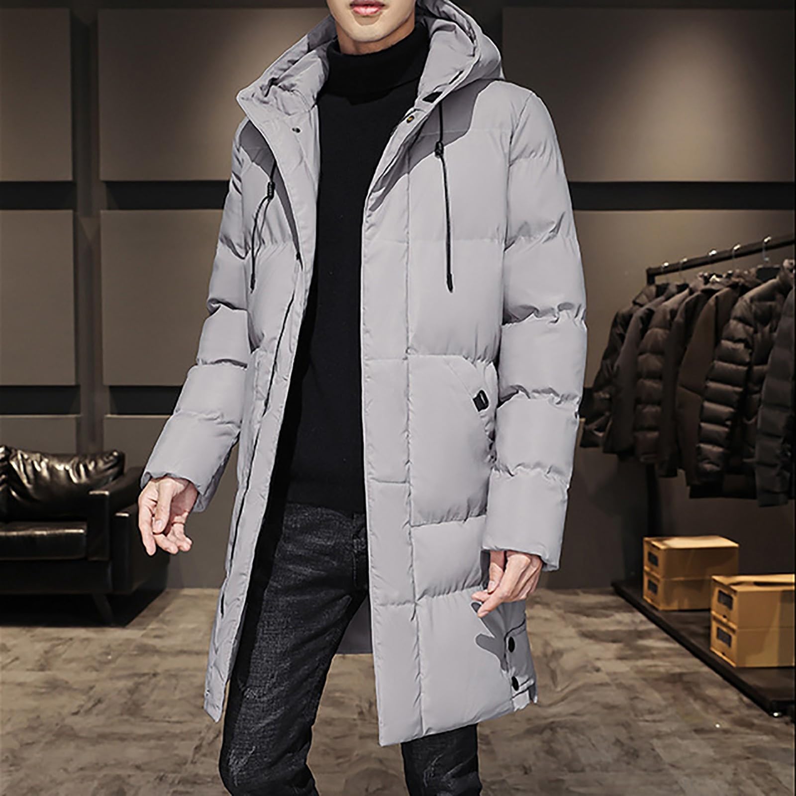 Generisch Chaqueta de invierno para hombre, chaqueta larga de plumón, chaqueta cortavientos, abrigo de plumón de invierno, ligero, plegable, abrigo acolchado con capucha, chaqueta de entretiempo
